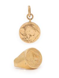 YELLOW GOLD BUFFALO NICKEL RING AND PENDANT