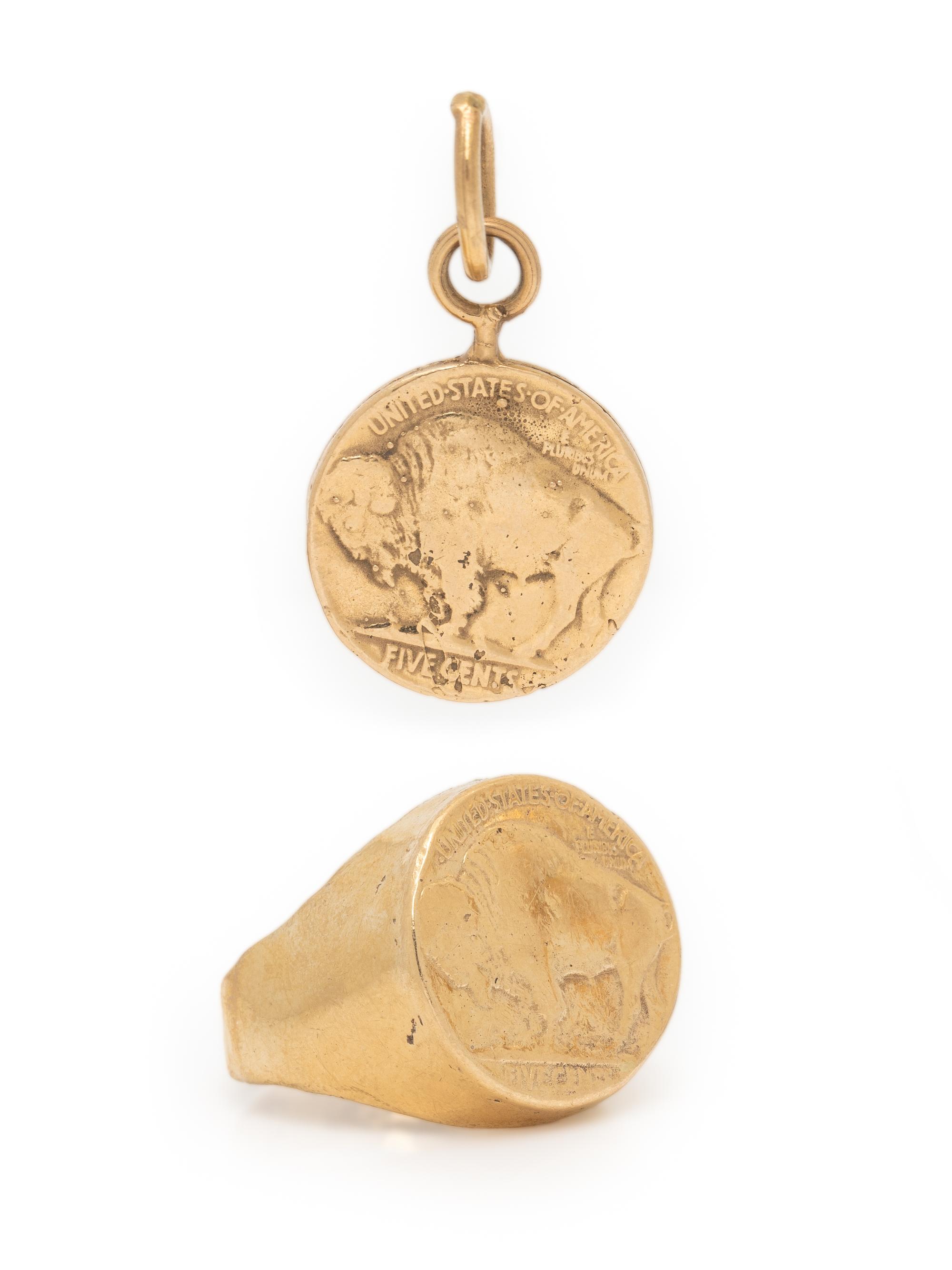 YELLOW GOLD BUFFALO NICKEL RING AND PENDANT