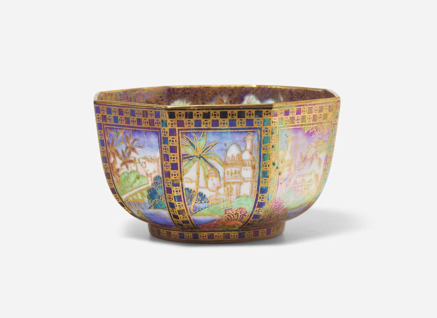 A Small Wedgwood Fairyland Lustre "Dana" Pattern Octagonal Bowl, UK, 1920s