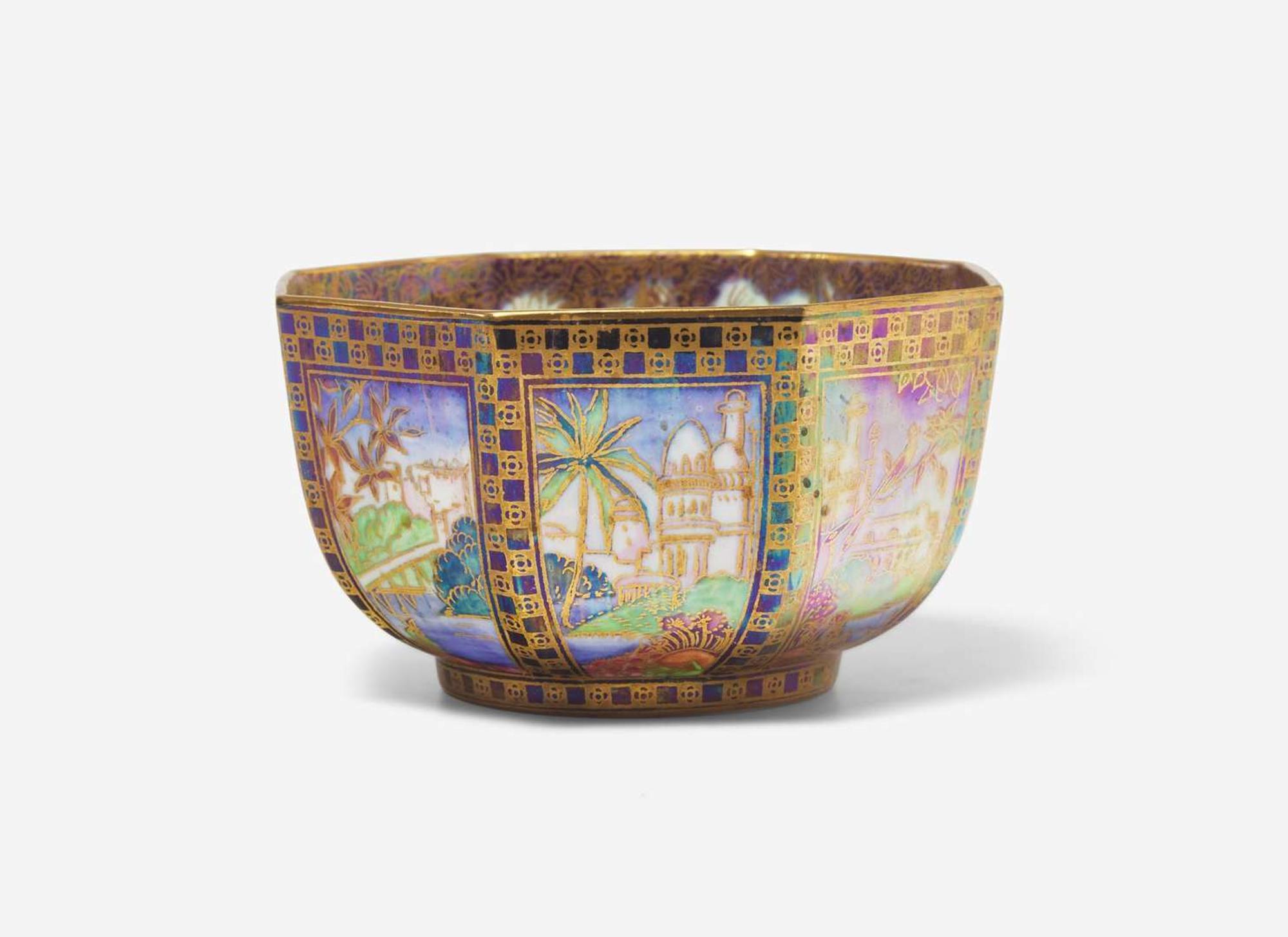 A Small Wedgwood Fairyland Lustre "Dana" Pattern Octagonal Bowl, UK, 1920s
