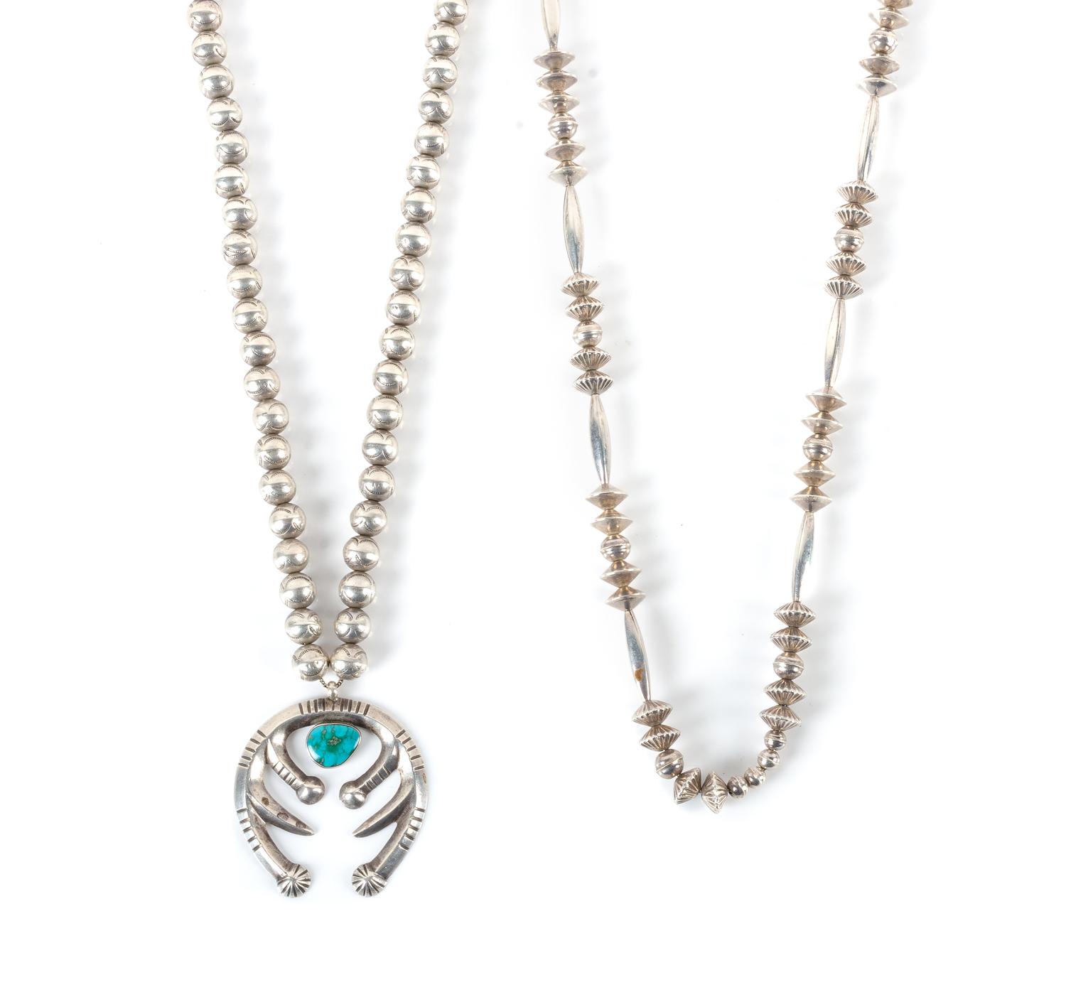 Two Southwestern Silver Bead Necklaces Length of largest 23 inches