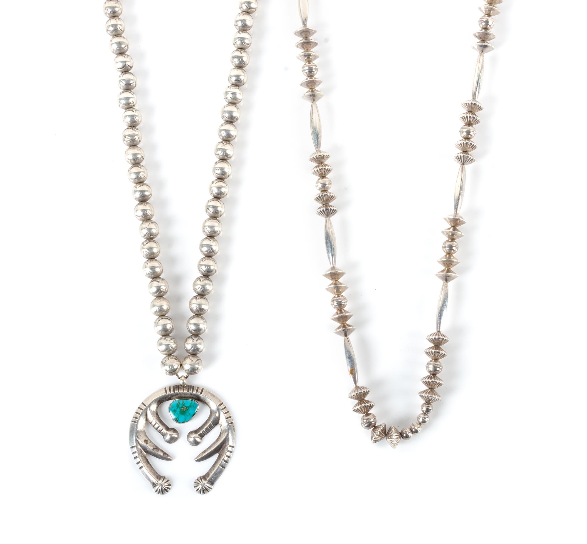 Two Southwestern Silver Bead Necklaces Length of largest 23 inches