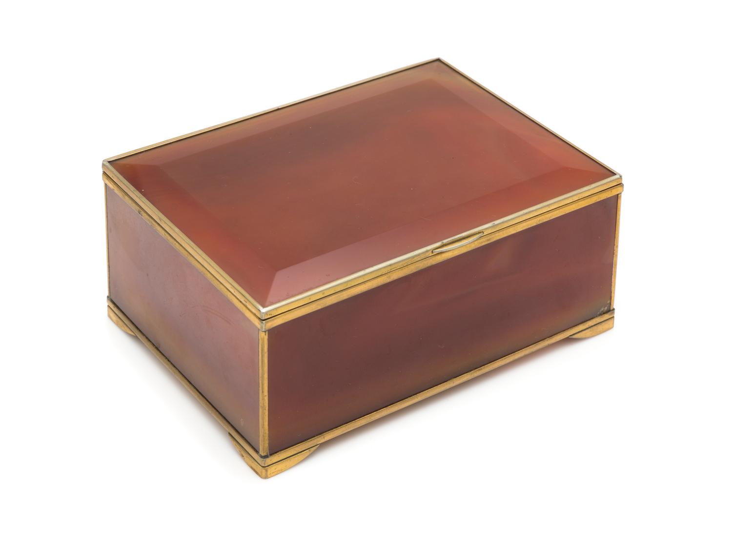 A Gilt Metal Mounted Agate Table Casket, , raised on four bracket feet.