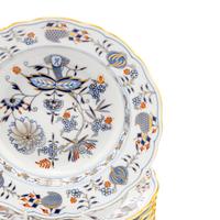 A Set of Twelve Meissen Parcel Gilt Blue Onion Porcelain Soup Plates