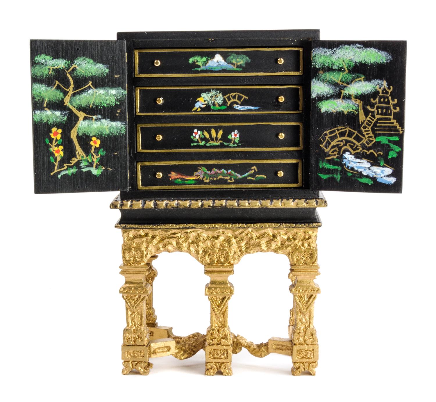 A William and Mary Style Brass Mounted and Japanned Cabinet on Stand Height 5 3/4 x width 3 1/2 x depth 1 5/8 inches. — Joe Turner