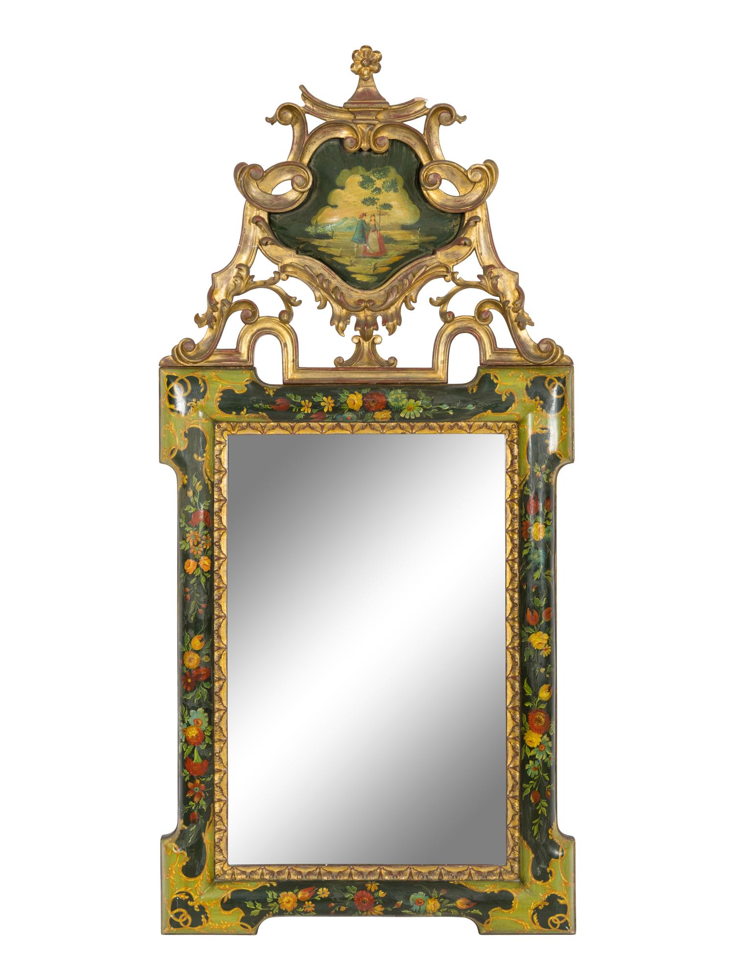 A Venetian Baroque Style Polychrome-Decorated and Parcel-Gilt Pier Mirror