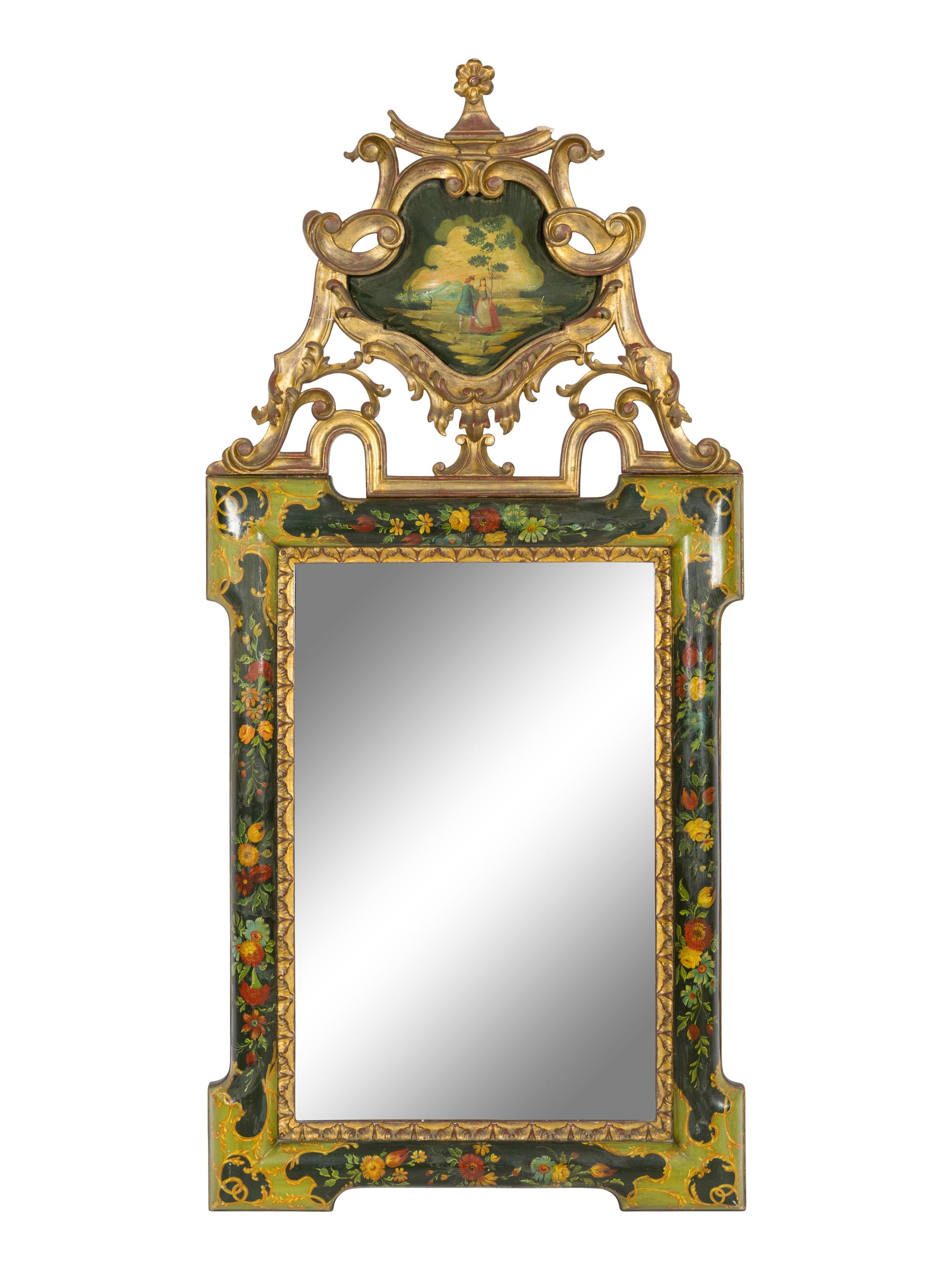 A Venetian Baroque Style Polychrome-Decorated and Parcel-Gilt Pier Mirror