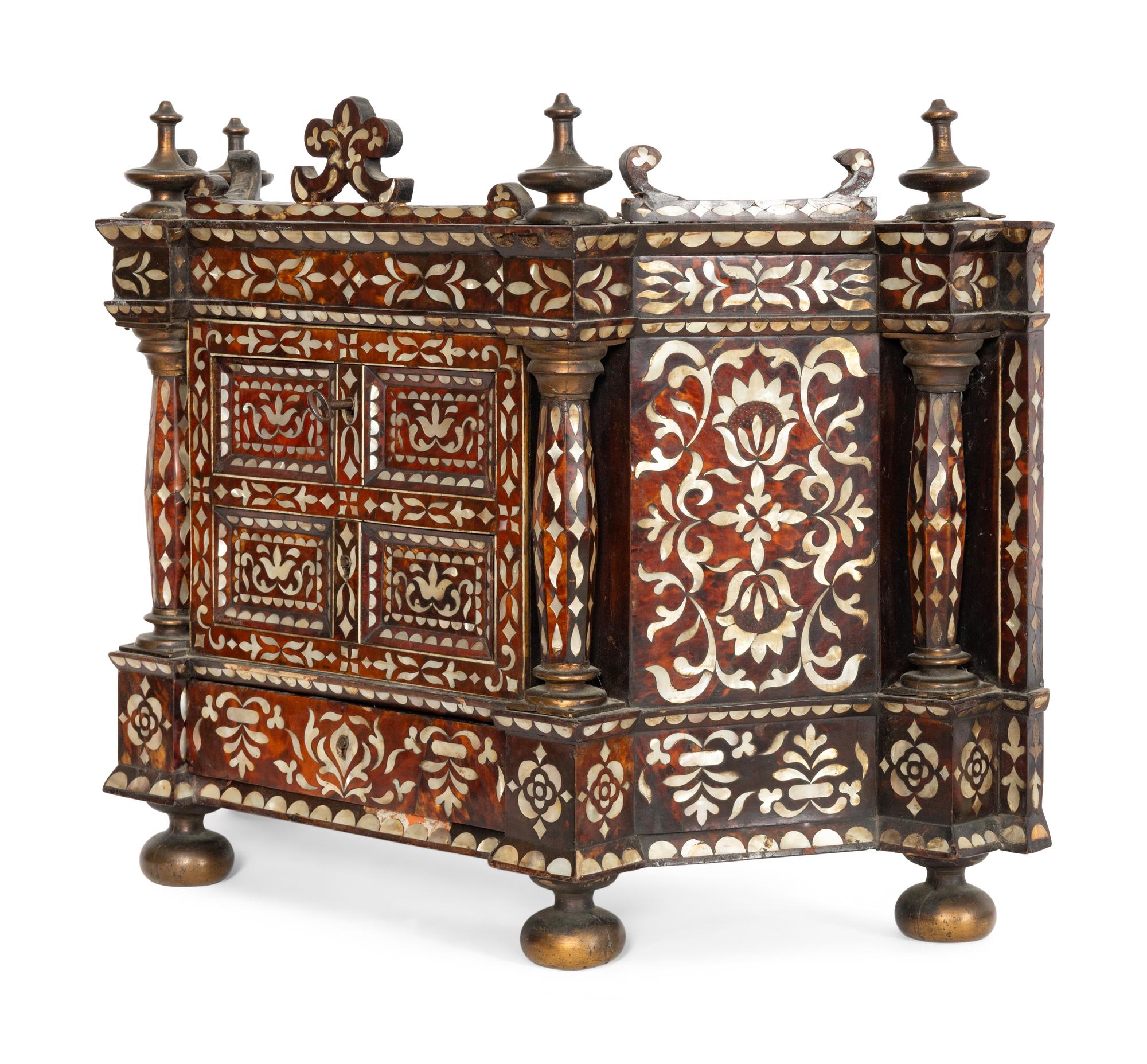 A South American Colonial Tortoiseshell and Mother-of-Pearl Inlaid Tabernacle Cabinet