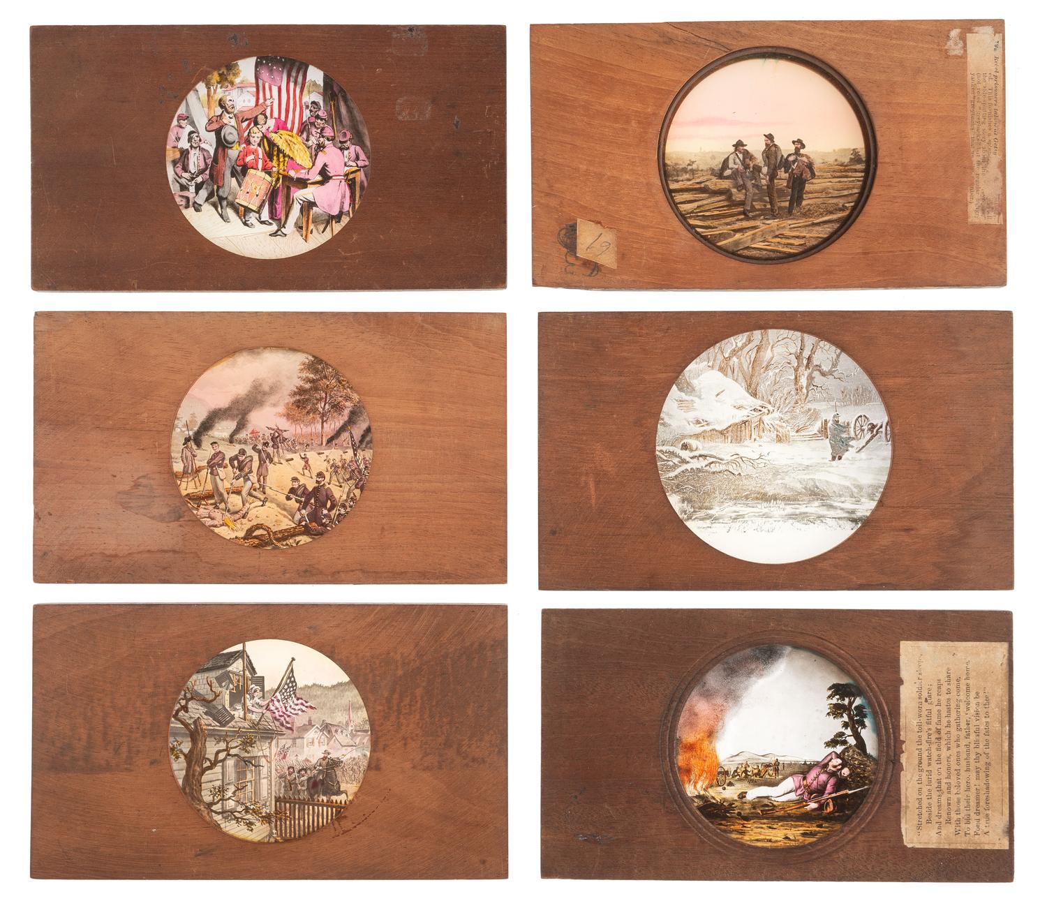 [CIVIL WAR - MAGIC LANTERN SLIDES]. A collection of 148 hand-colored glass slides featuring illustrations of Civil War military and political figures, events, cartoons, genre scenes, and more, including: