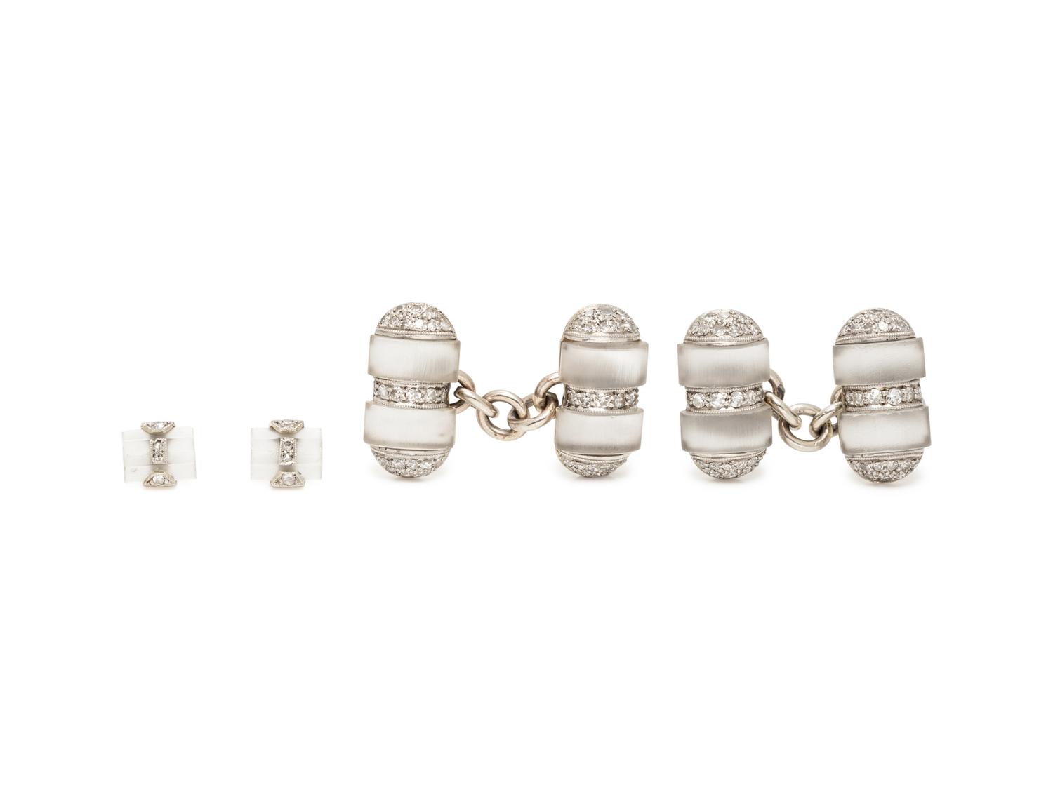 WHITE GOLD, FROSTED CRYSTAL, AND DIAMOND CUFFLINKS AND STUDS