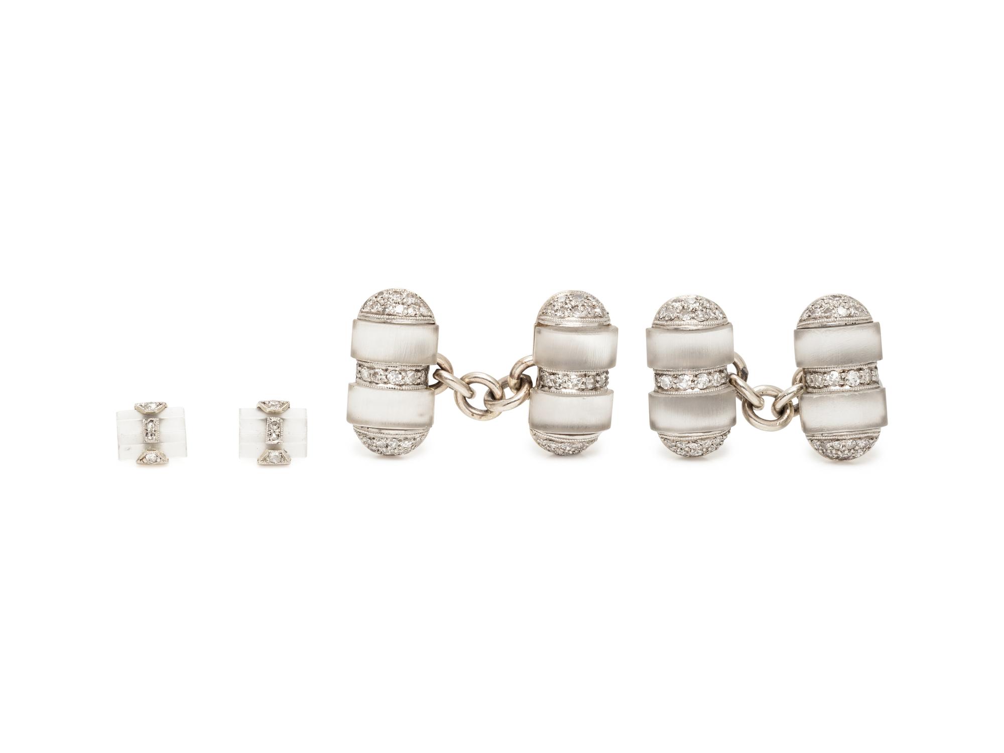 WHITE GOLD, FROSTED CRYSTAL, AND DIAMOND CUFFLINKS AND STUDS