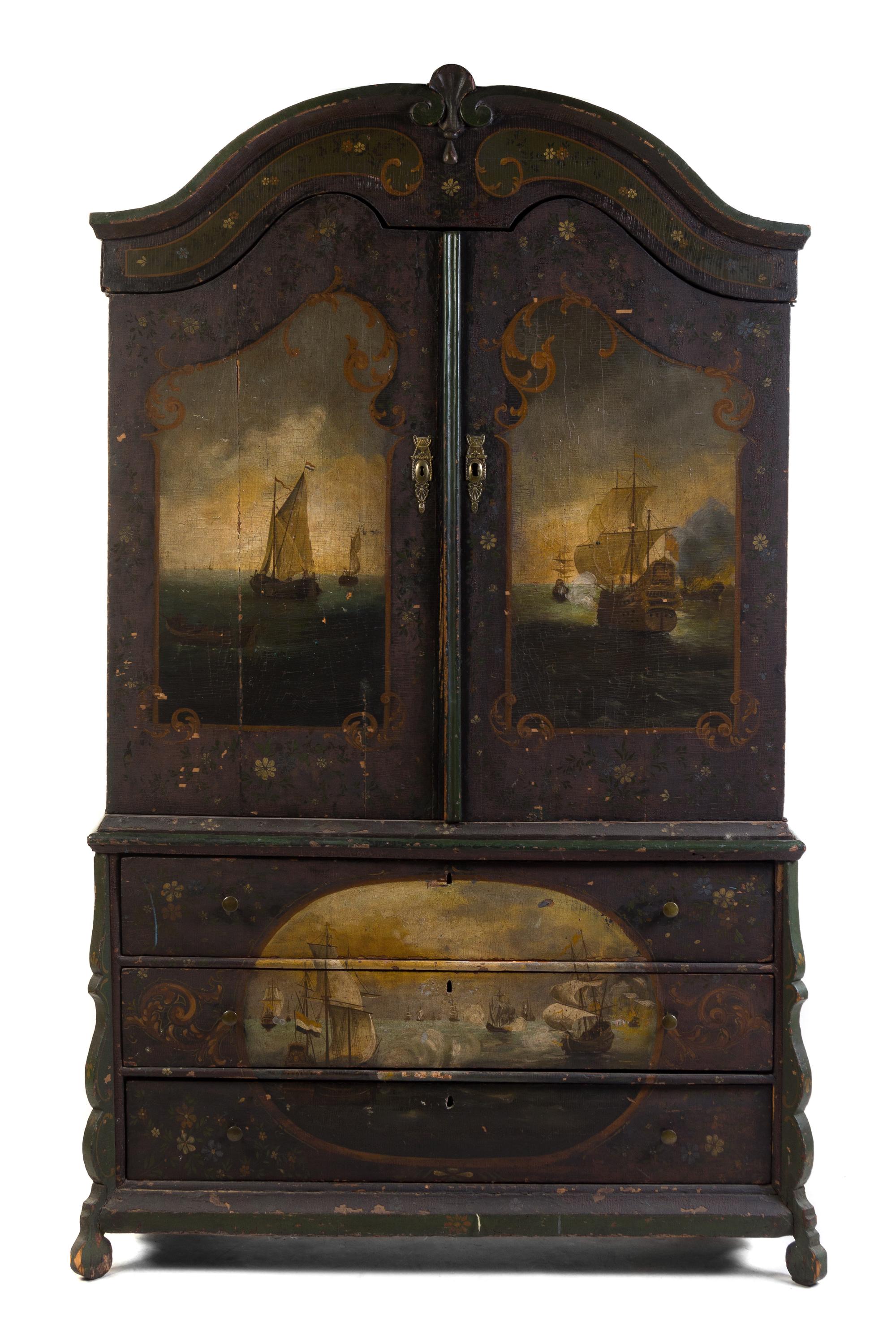 A Dutch Painted Linen Press Height 86 x width 51 x depth 20 inches. — 17TH/18TH CENTURY