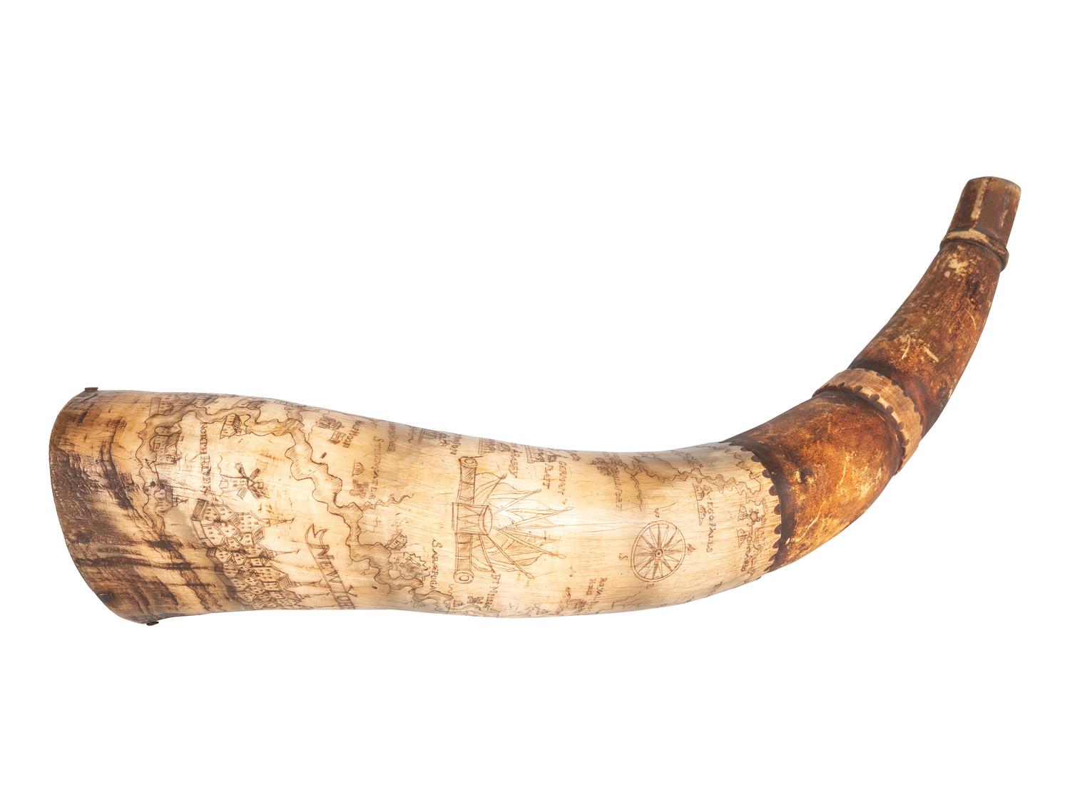 [FRENCH AND INDIAN WAR]. Powder horn featuring fine scrimshaw map of New York, identified to John Hosmer, likely made at Crown Point, 1759.