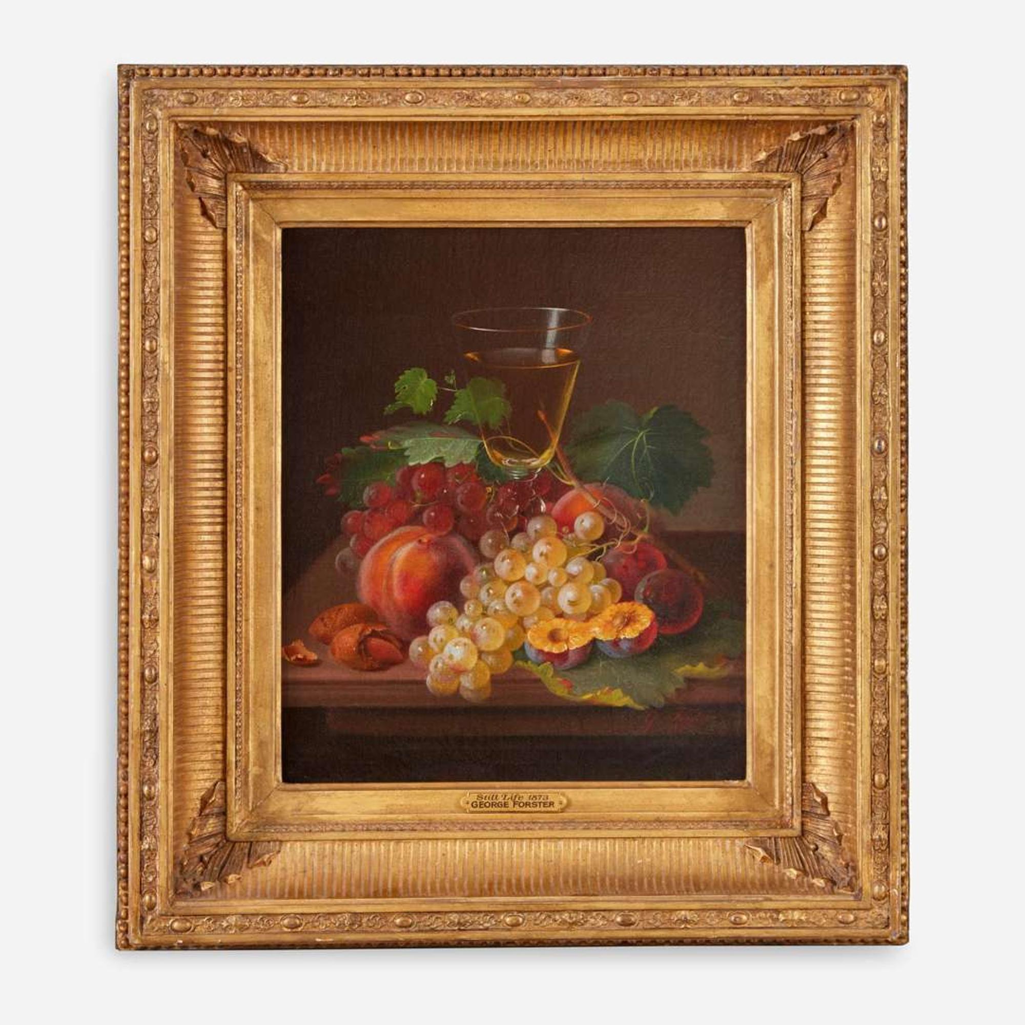 George Forster (American, 1817–1896) Still Life with Wine Glass, Grapes, Plums and Peaches
