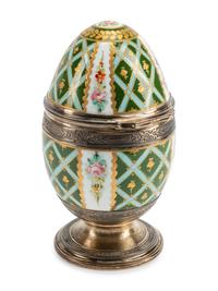 A Continental Silver Mounted Porcelain Egg-Form Box
