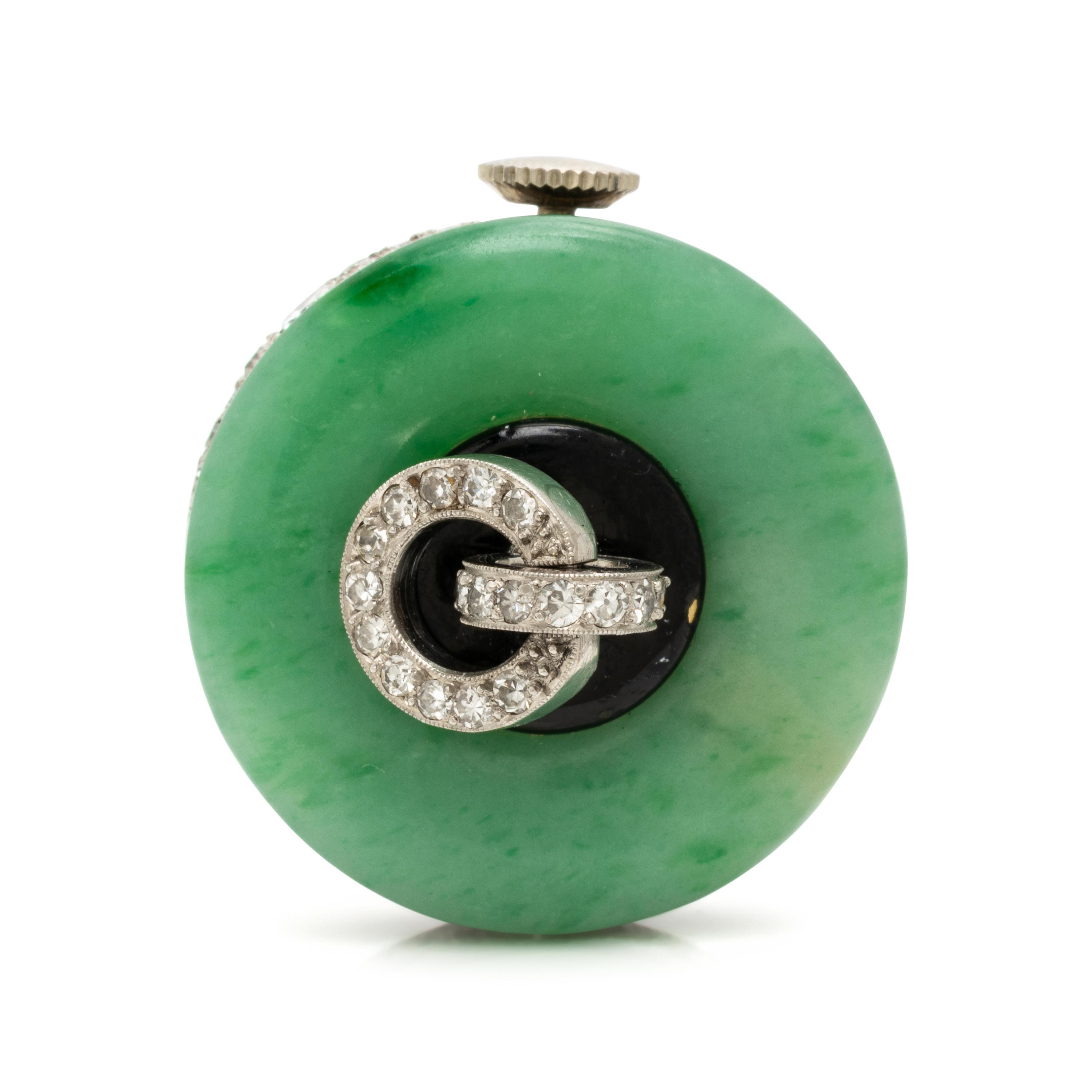 Cartier, Art Deco, Diamond, Carved Jade, and Enamel Pendant Watch