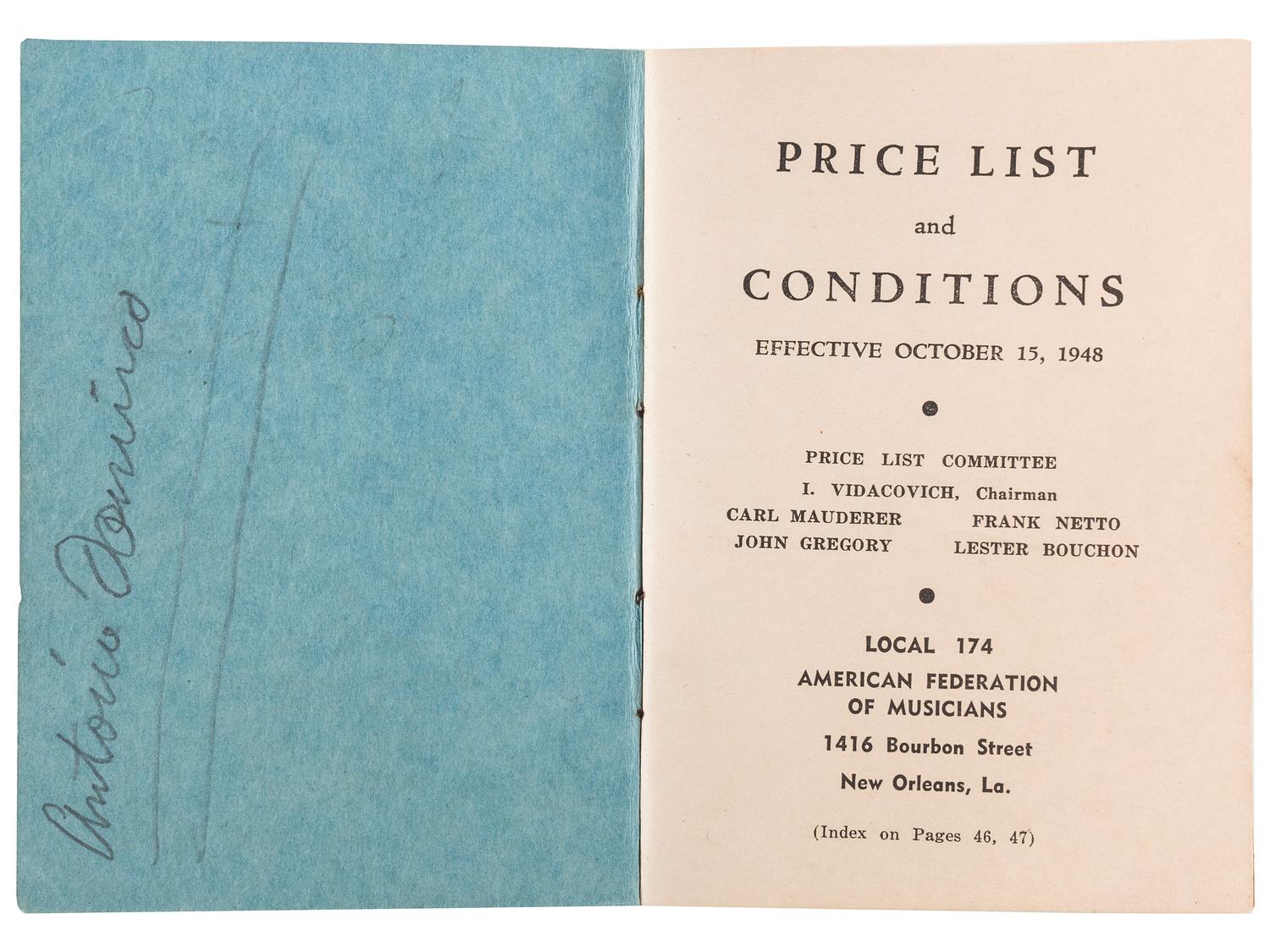 [MUSIC] -- [DOMINO, Antoine "Fats" (1928-2017), his copy]. Price List and Conditions. New Orleans, LA: American Federation of Musicians, [1948].