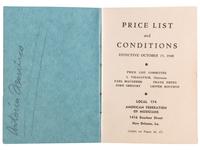 [MUSIC] -- [DOMINO, Antoine "Fats" (1928-2017), his copy]. Price List and Conditions. New Orleans, LA: American Federation of Musicians, [1948].