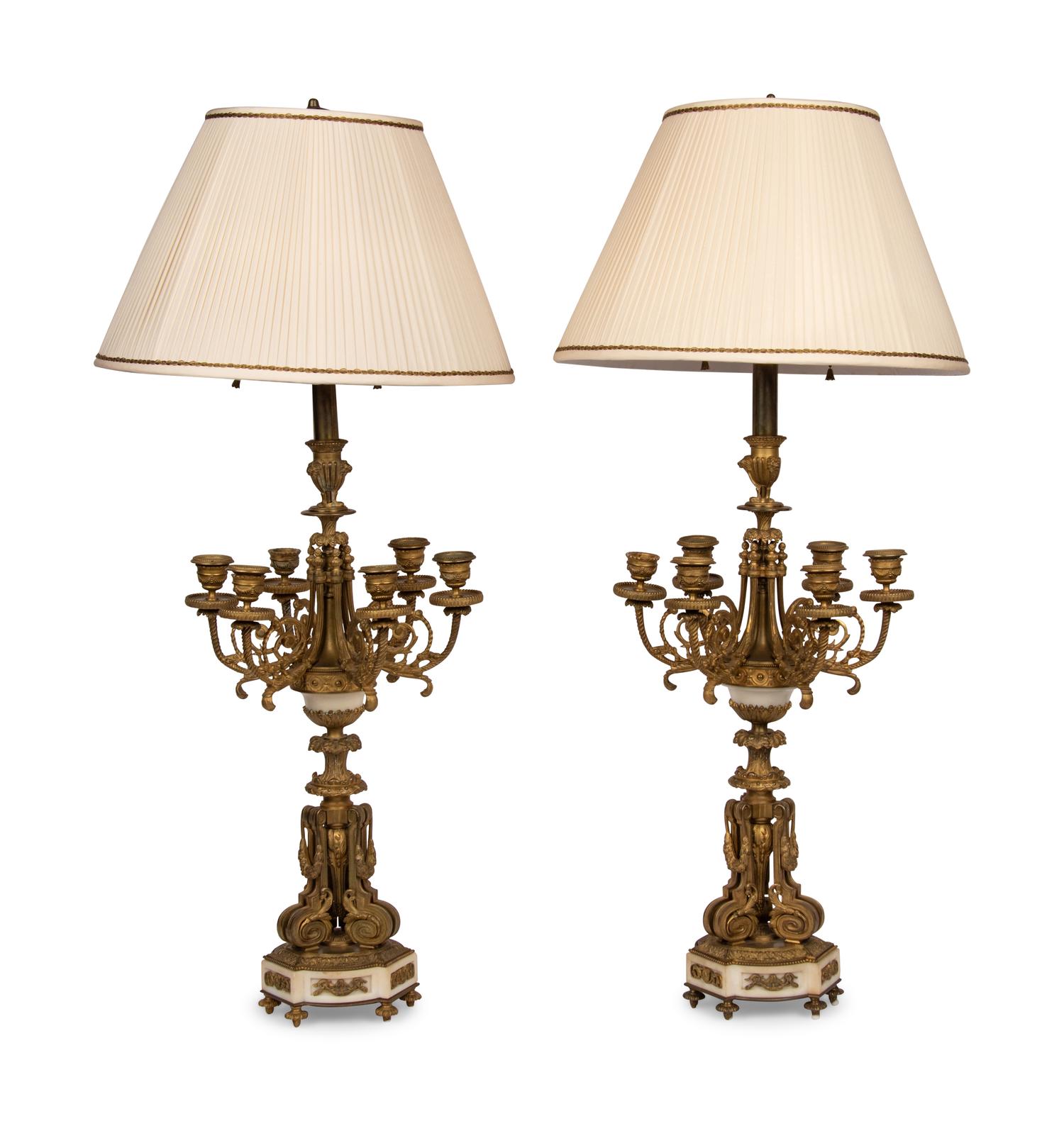 A Pair of Gilt Bronze and Marble Lamps