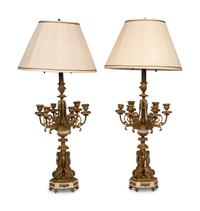 A Pair of Gilt Bronze and Marble Lamps