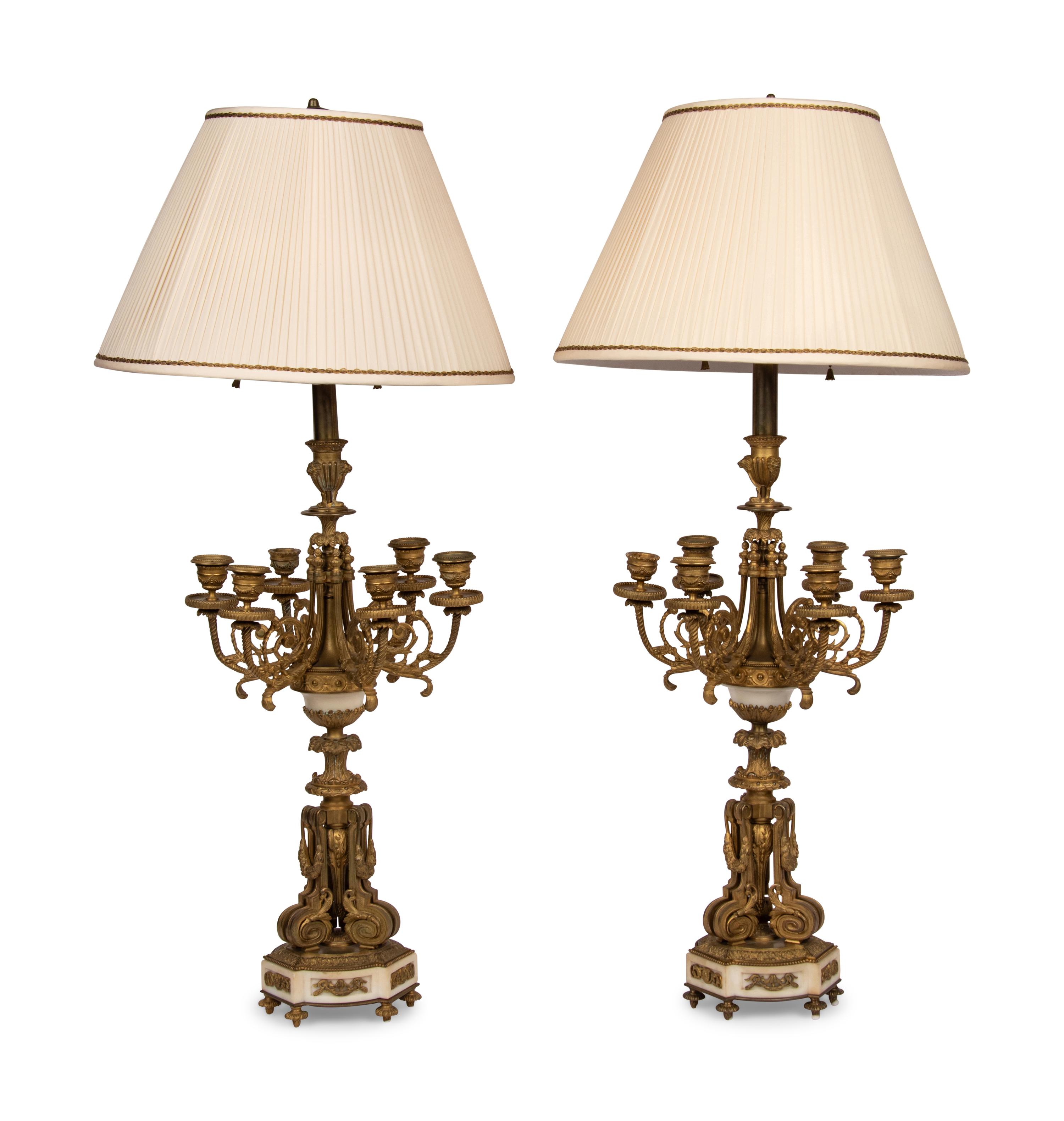 A Pair of Gilt Bronze and Marble Lamps