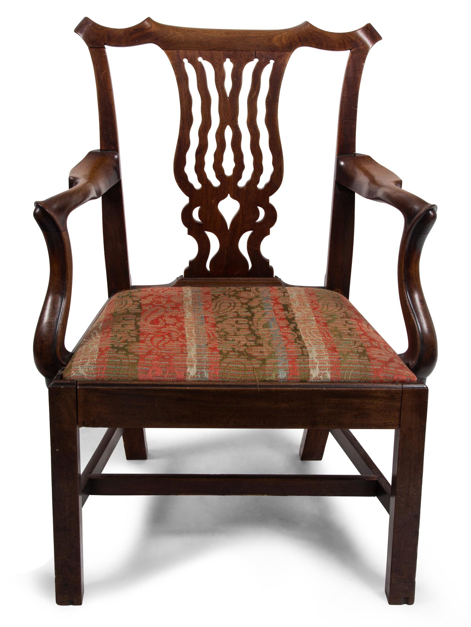 A George III Style Walnut Open Armchair Height 37 1/2 inches. — 19TH CENTURY