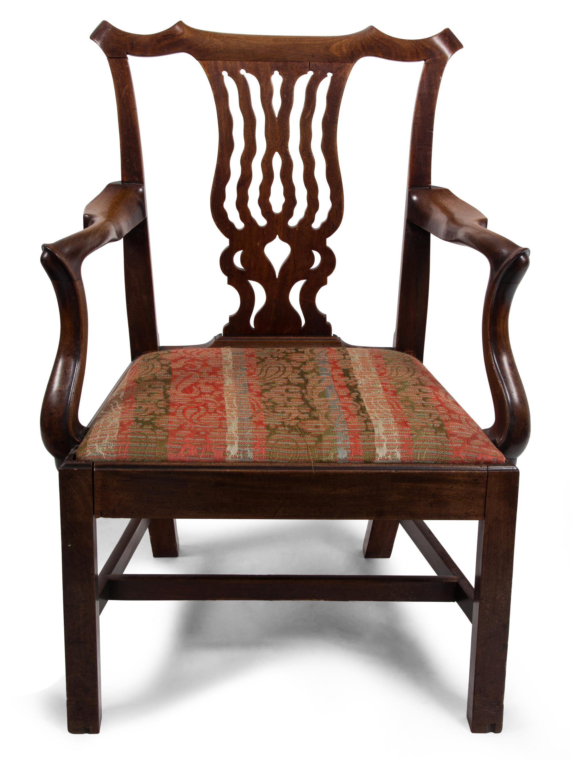 A George III Style Walnut Open Armchair Height 37 1/2 inches. — 19TH CENTURY