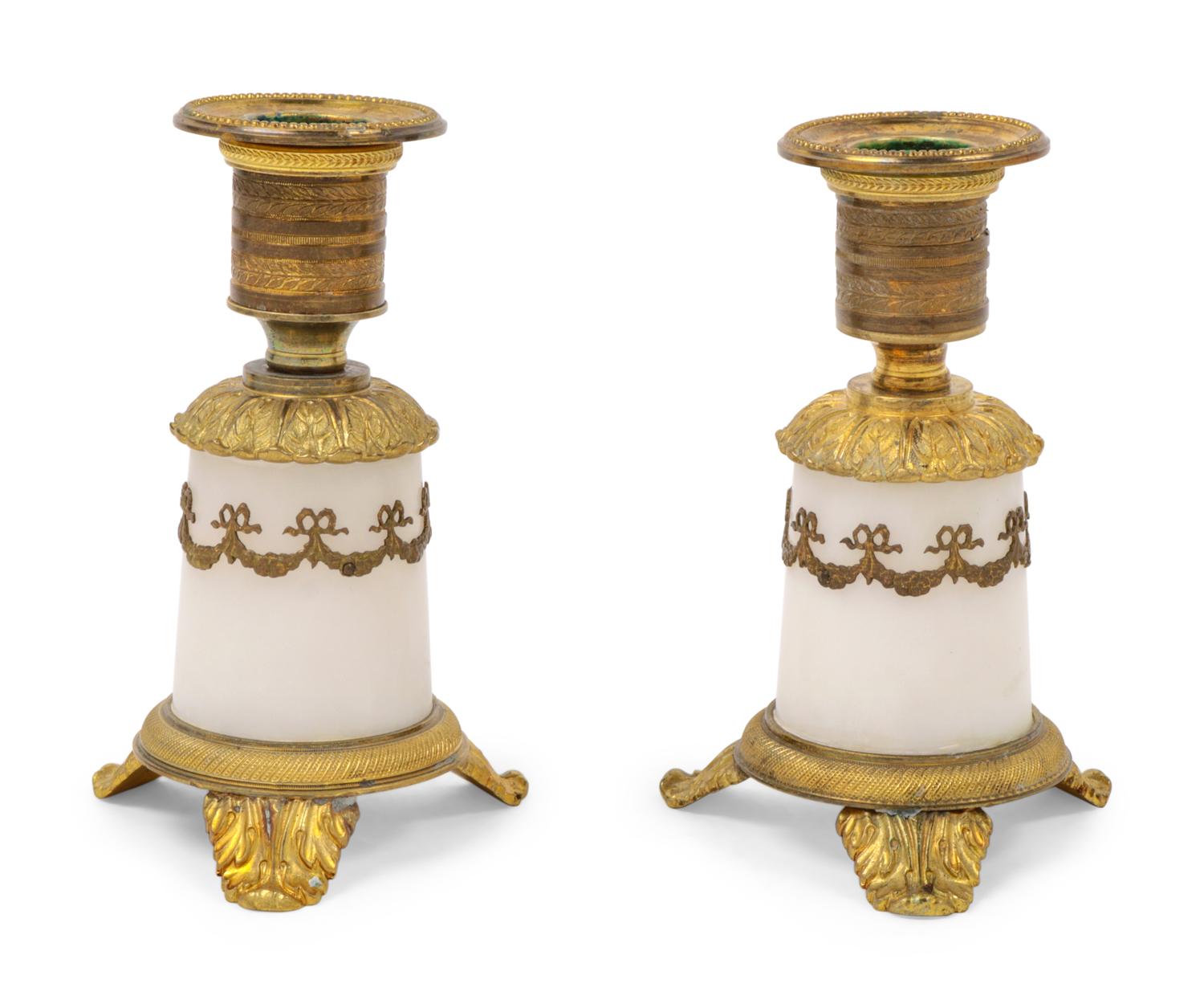 A Pair of Empire Style Gilt Bronze Mounted Marble Candlesticks