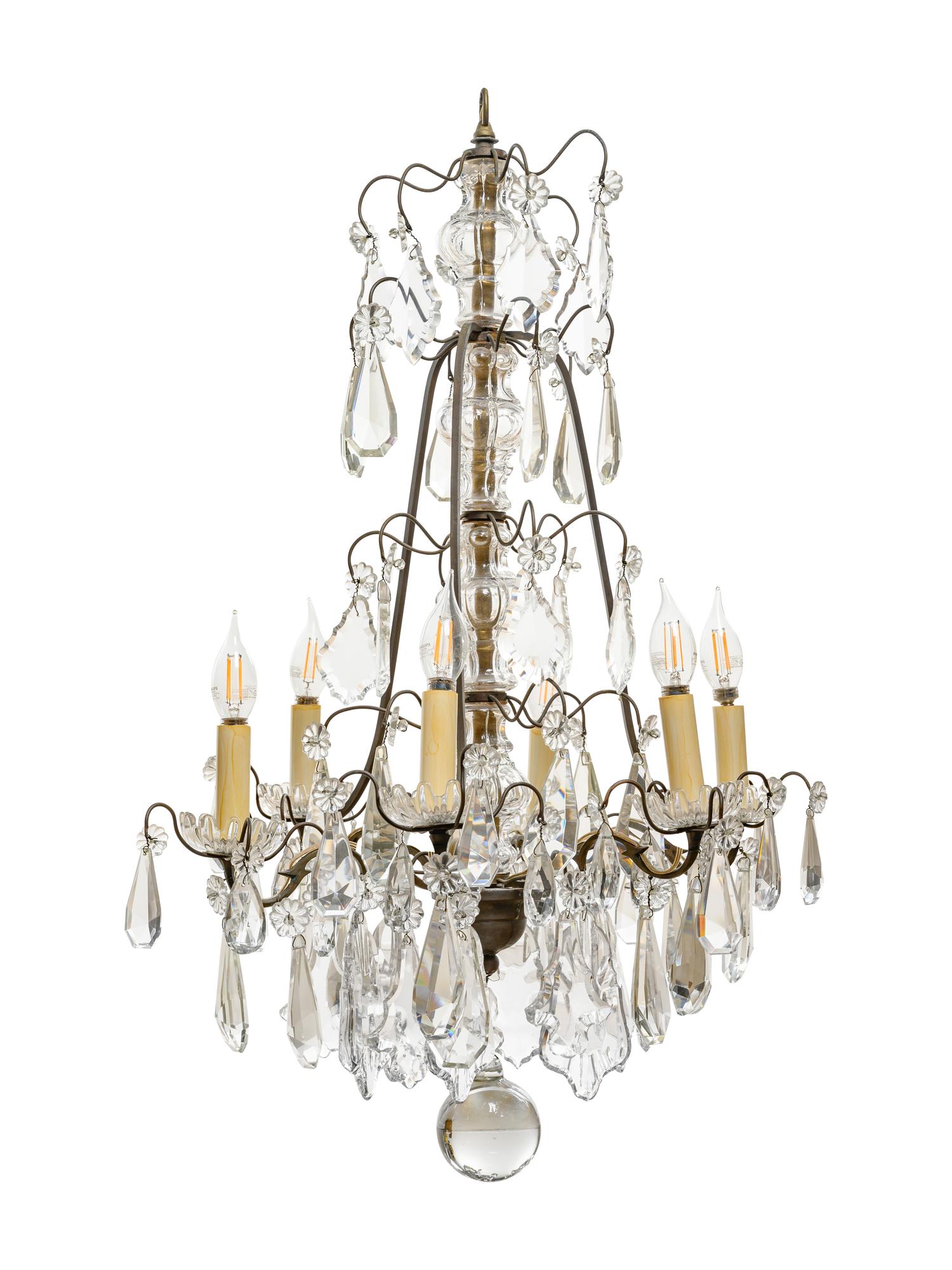 A Continental Cast Metal and Cut Glass Six-Light Chandelier