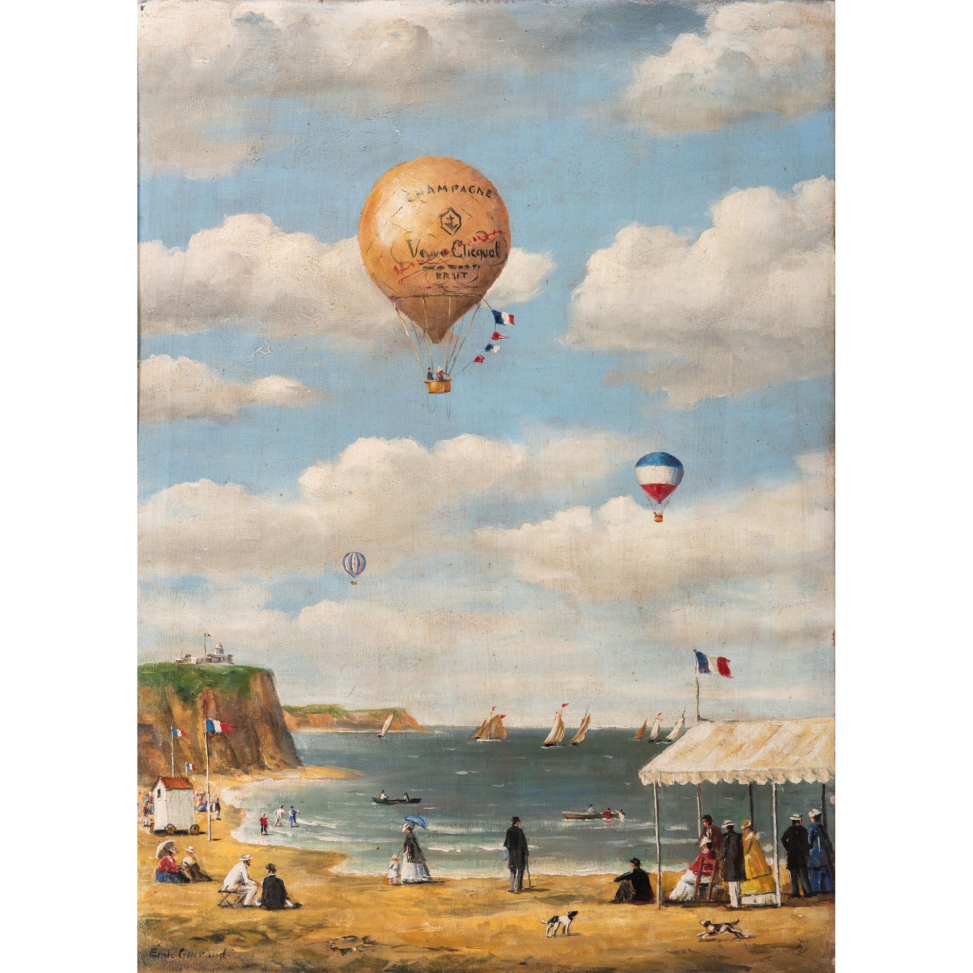 A Veuve Cliquot Champagne Balloonist Painted Advertisement, Signed