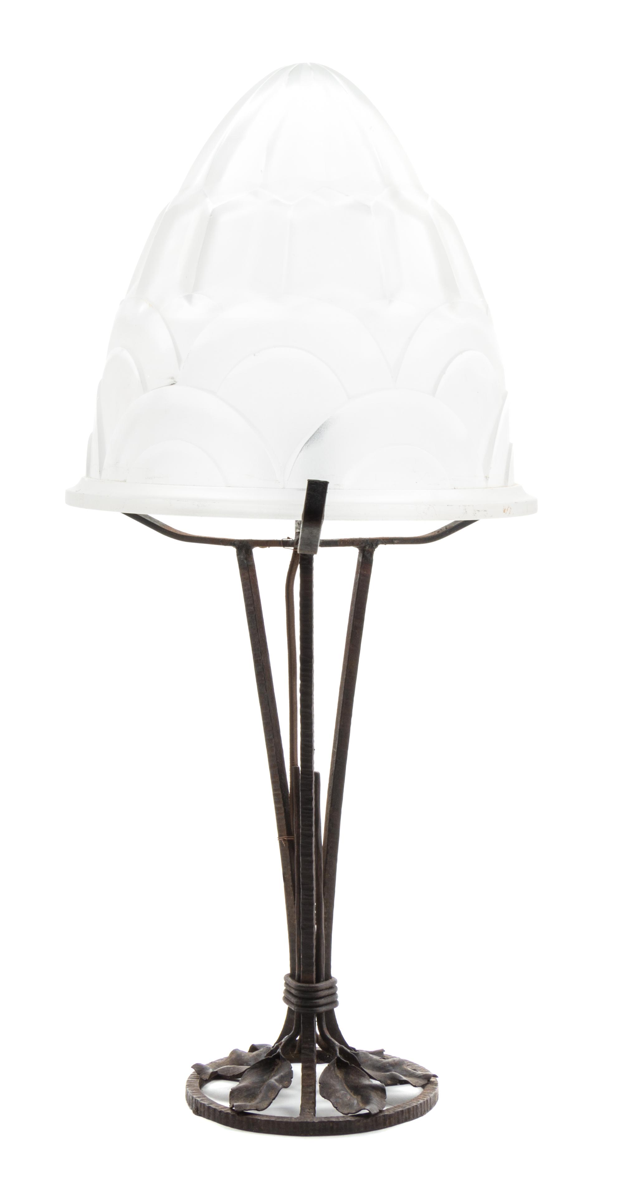 A Degue Wrought Iron and Glass Table Lamp Height overall 21 1/2 inches. — CIRCA 1925-1928