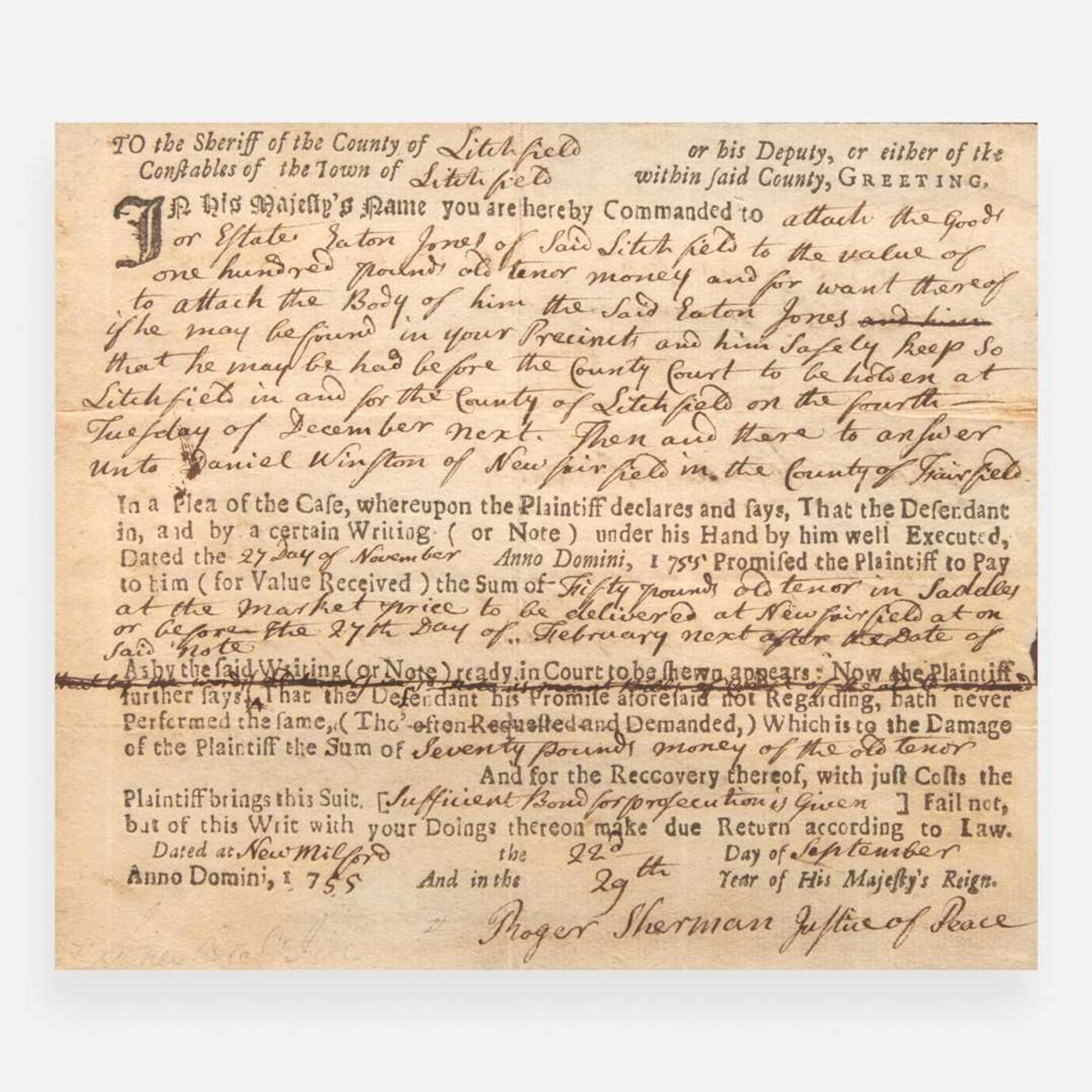[Declaration of Independence] [Connecticut] Sherman, Roger Partially-Printed Autograph Document, signed
