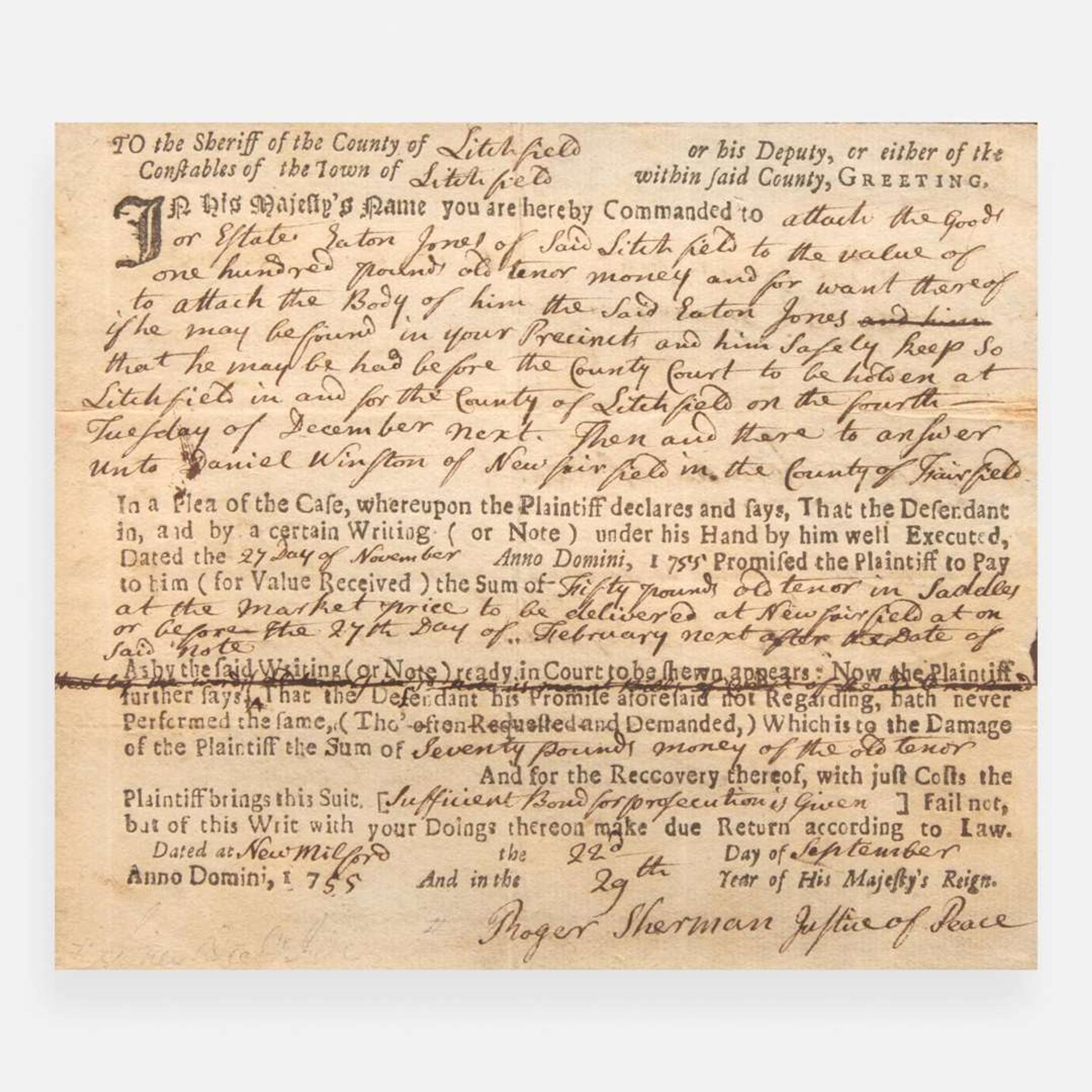 [Declaration of Independence] [Connecticut] Sherman, Roger Partially-Printed Autograph Document, signed