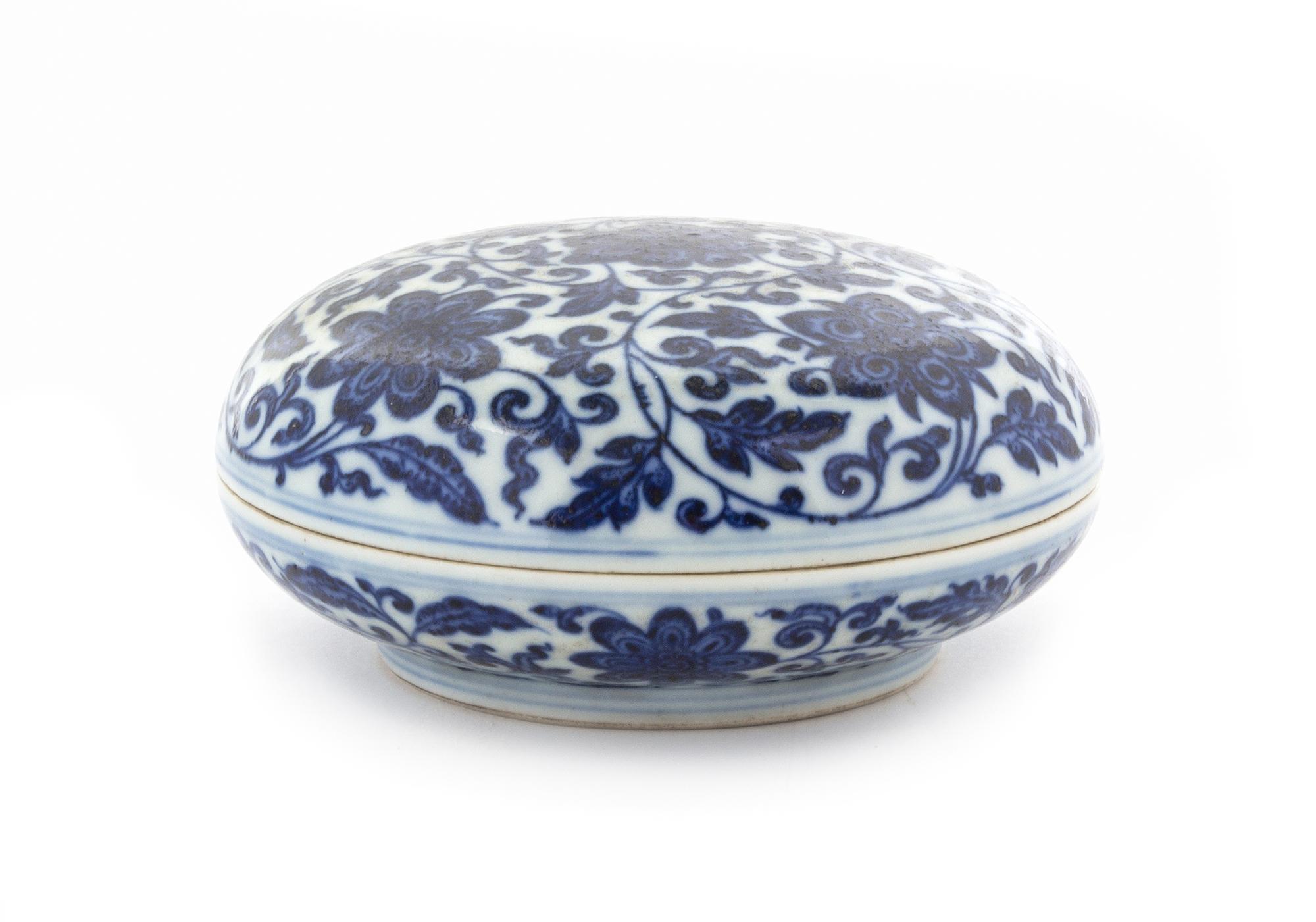 A Blue and White Circular Box and Cover Diameter 4 5/8 inches.