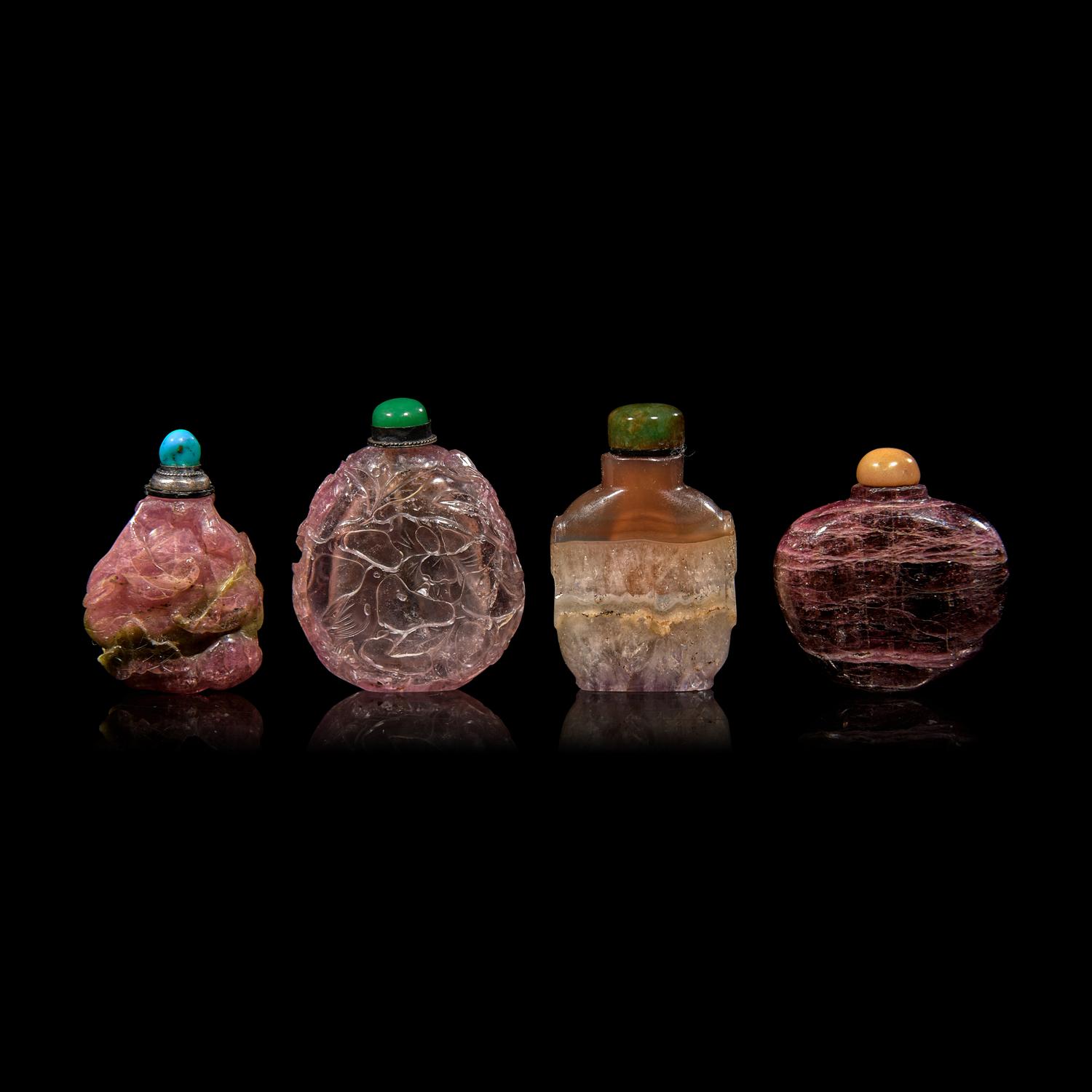 Four Chinese Carved Hardstone Snuff Bottles 碧璽及水晶鼻煙壺四支