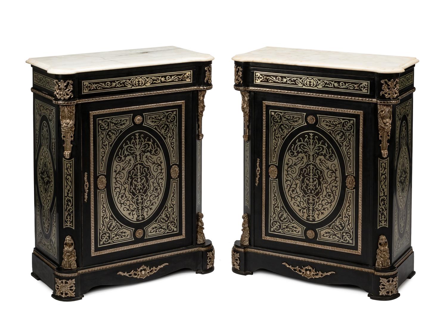 A Pair of Napoleon III Style Pewter Inlaid Marble-Top Cabinets