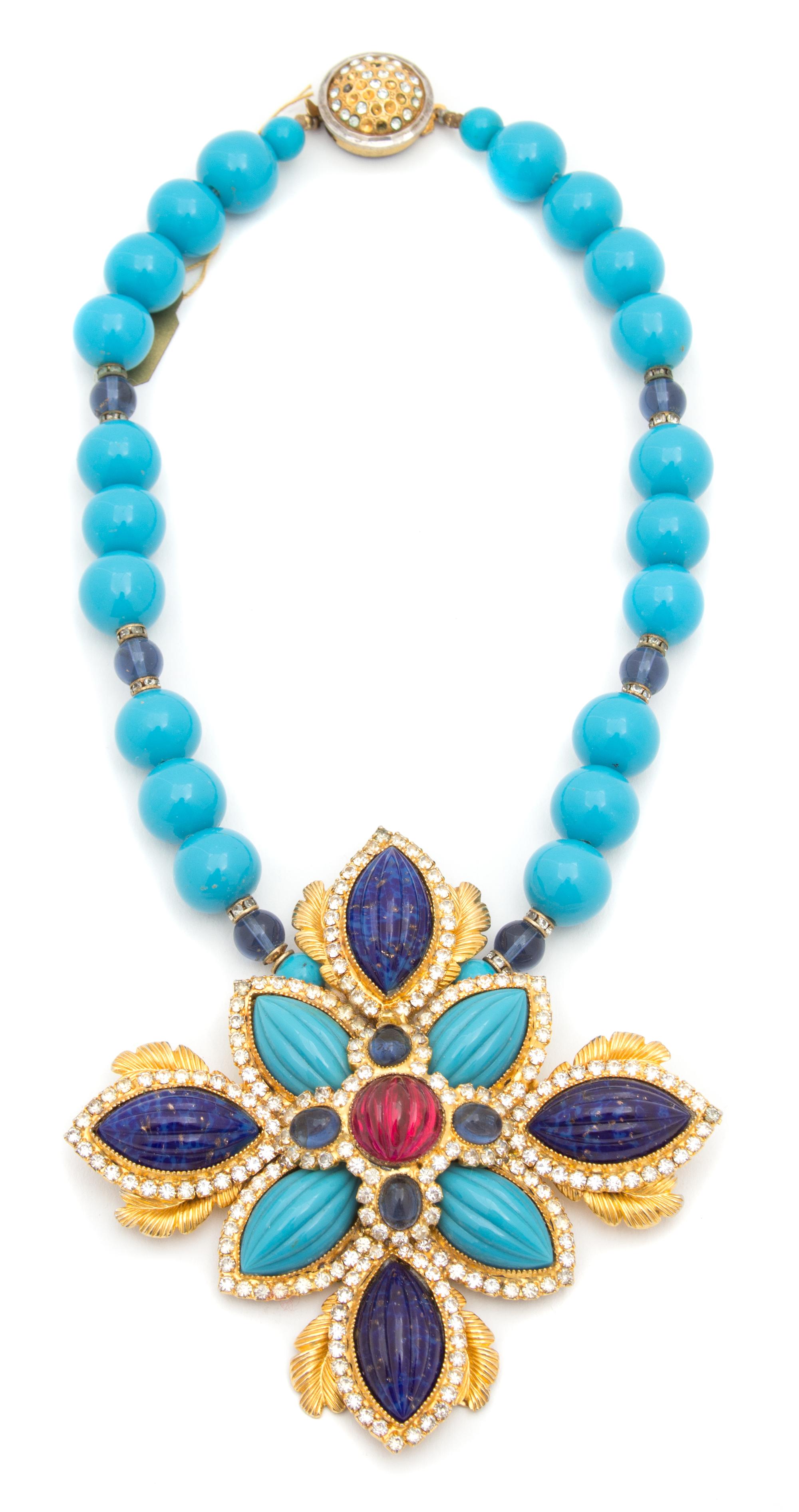 A William de Lillo Faux Turquoise and Lapis Necklace, Necklace: 16"; Pendant: 4" x 4".