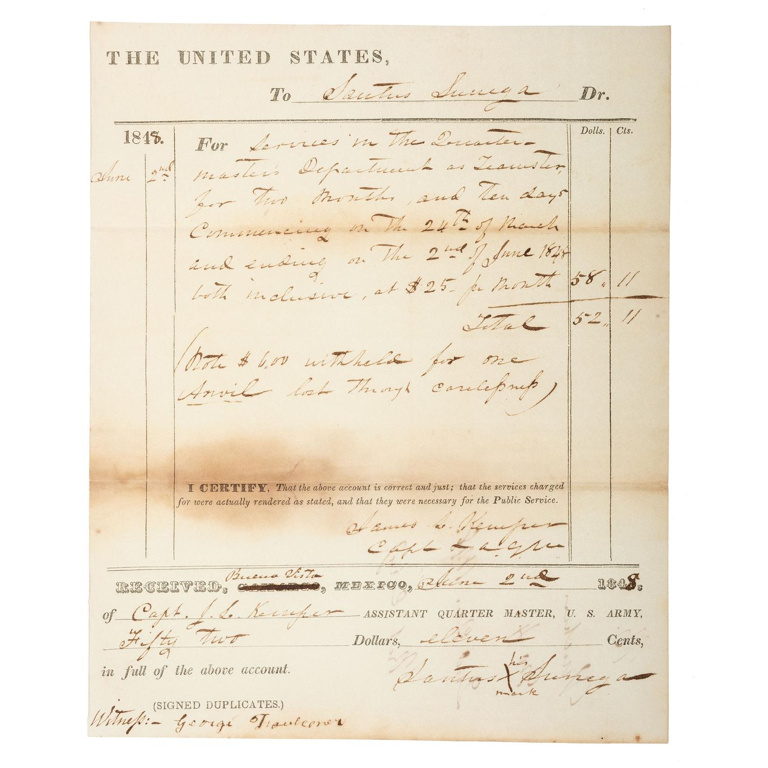 [CIVIL WAR - PICKETT'S CHARGE]. KEMPER, James L. (1823-1895). Document signed ("James L. Kemper / Capt & A.Q.M."), as Captain. Buena Vista, Mexico, 2 June 1848.