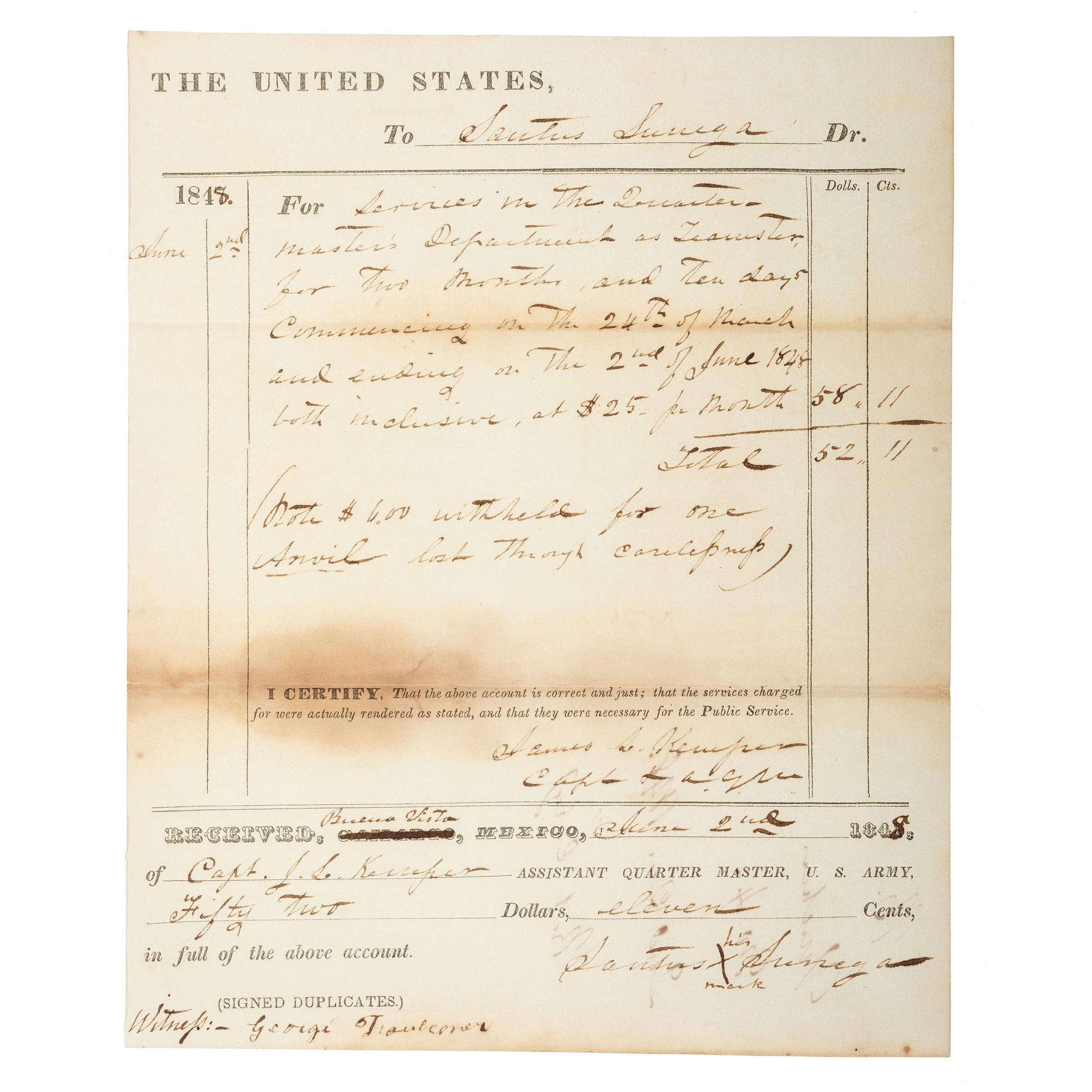 [CIVIL WAR - PICKETT'S CHARGE]. KEMPER, James L. (1823-1895). Document signed ("James L. Kemper / Capt & A.Q.M."), as Captain. Buena Vista, Mexico, 2 June 1848.