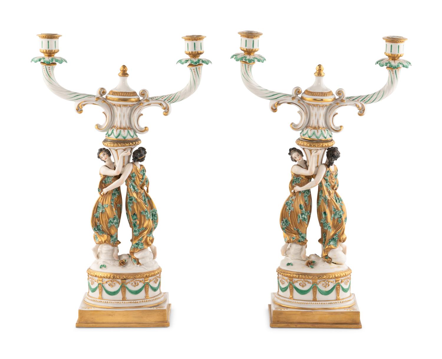 A Pair of Capodimonte Porcelain Figural Two-Light Candelabra