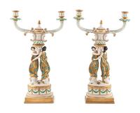 A Pair of Capodimonte Porcelain Figural Two-Light Candelabra
