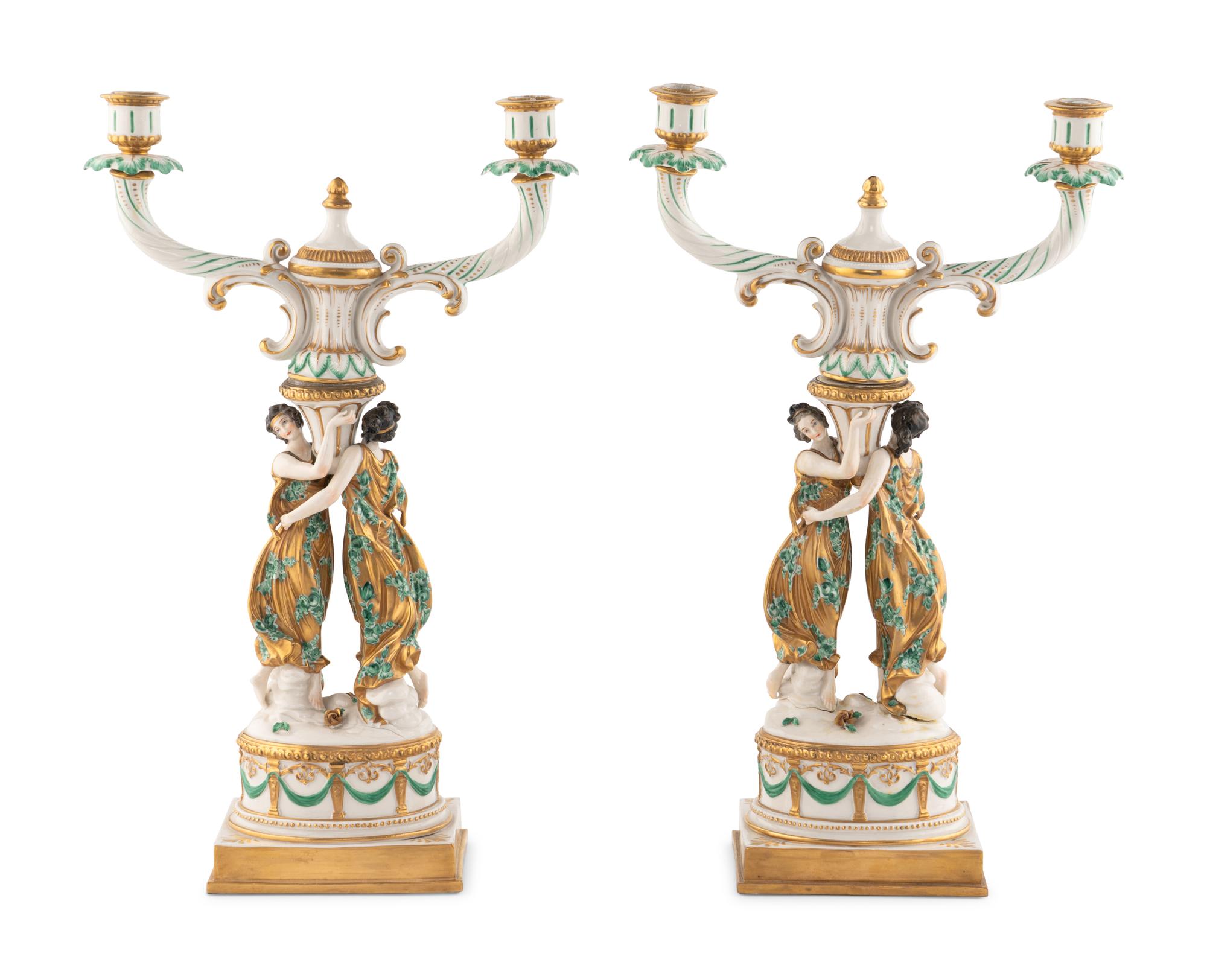 A Pair of Capodimonte Porcelain Figural Two-Light Candelabra