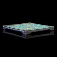 A Chinese Canton Enamel Square Tray, Late Qing Dynasty — 清晚期 松石綠地西番蓮紋銅胎畫琺琅方盤