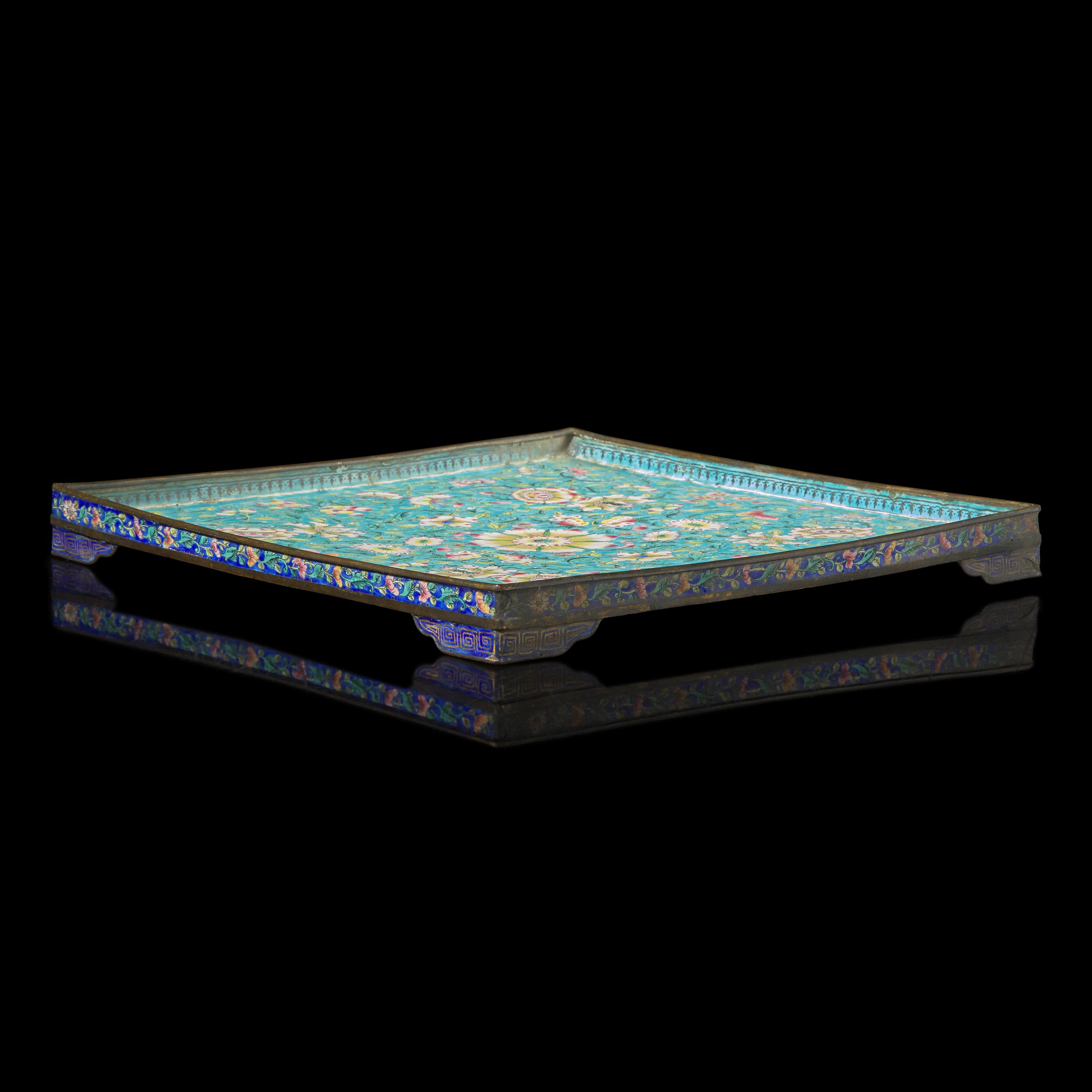 A Chinese Canton Enamel Square Tray, Late Qing Dynasty — 清晚期 松石綠地西番蓮紋銅胎畫琺琅方盤
