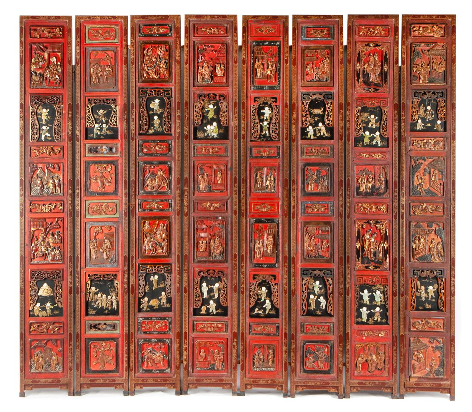 A Chinese Carved, Polychromed and Hardstone Inlaid Lacquer Eight-Panel Floor Screen Height 98 1/2 x width of each panel 14 inches. — 19TH CENTURY