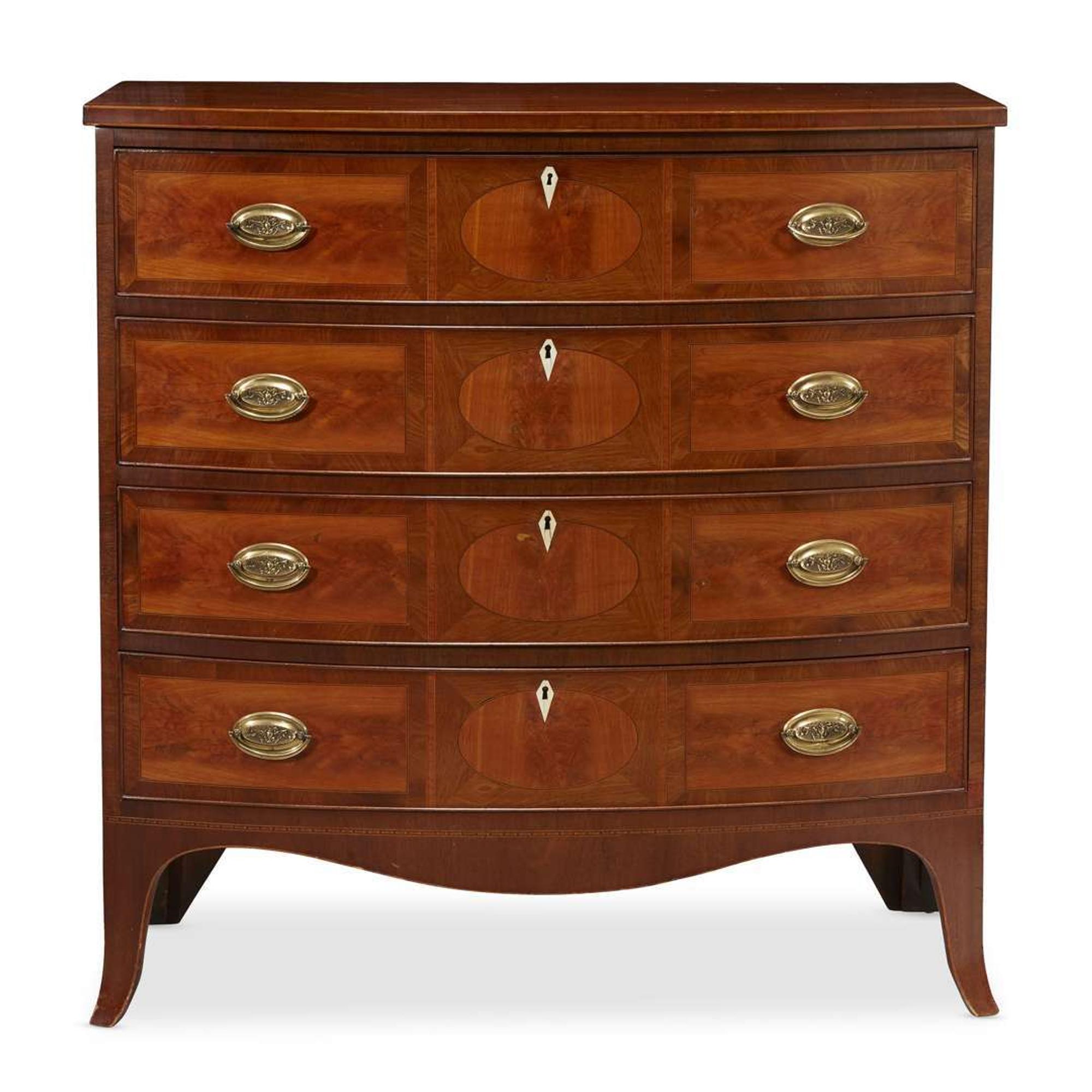 Federal inlaid mahogany bowfront chest of drawers New Hampshire, circa 1800