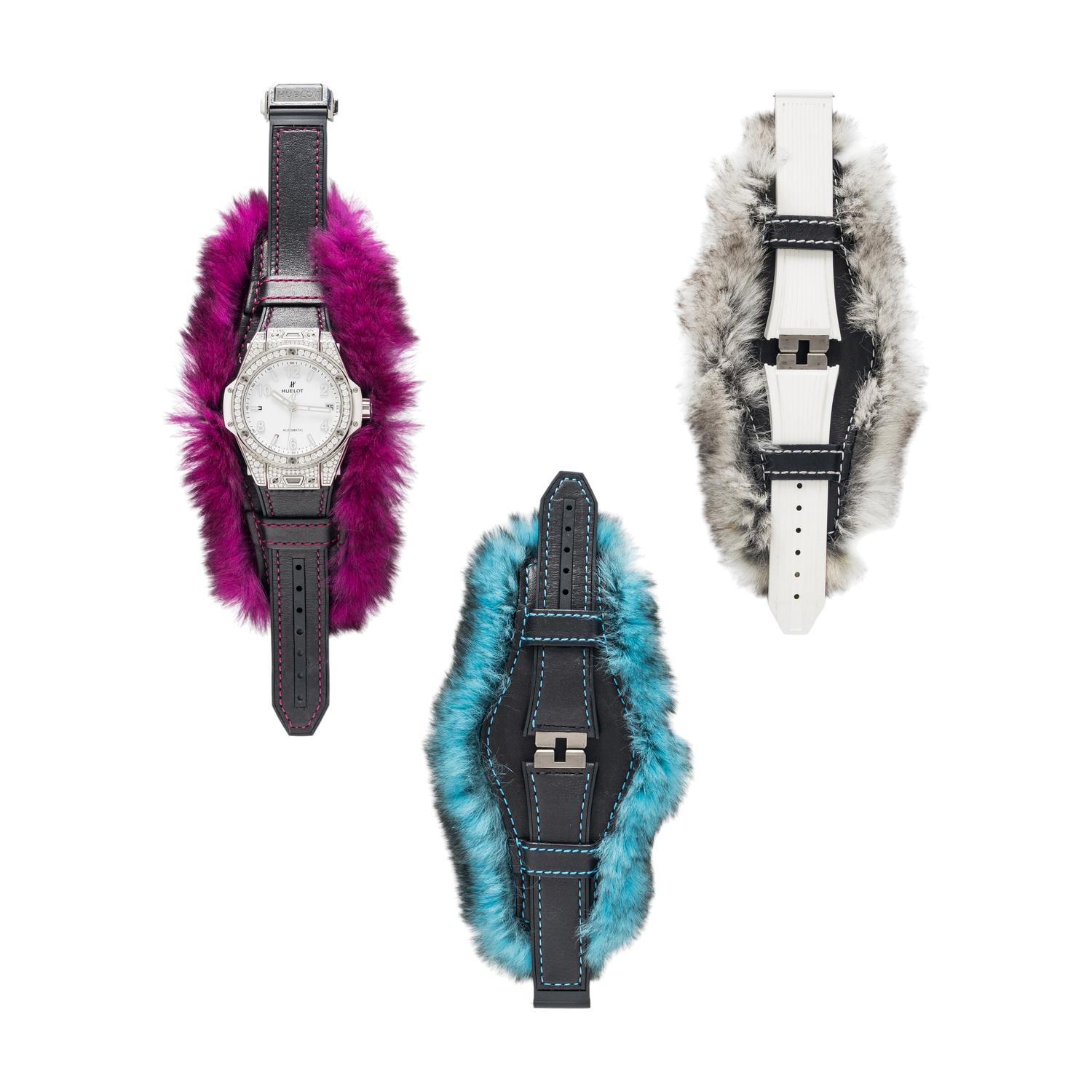 HUBLOT, 'BIG BANG ONE CLICK' DATE WATCH WITH DIAMONDS AND 'CUDDLY CUFF' RABBIT FUR STRAPS