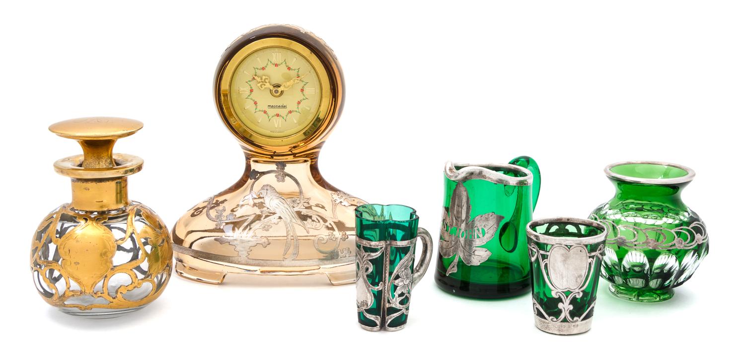 A Group of Six Silver Overlay Glass Articles Height of first 5 3/4 inches.