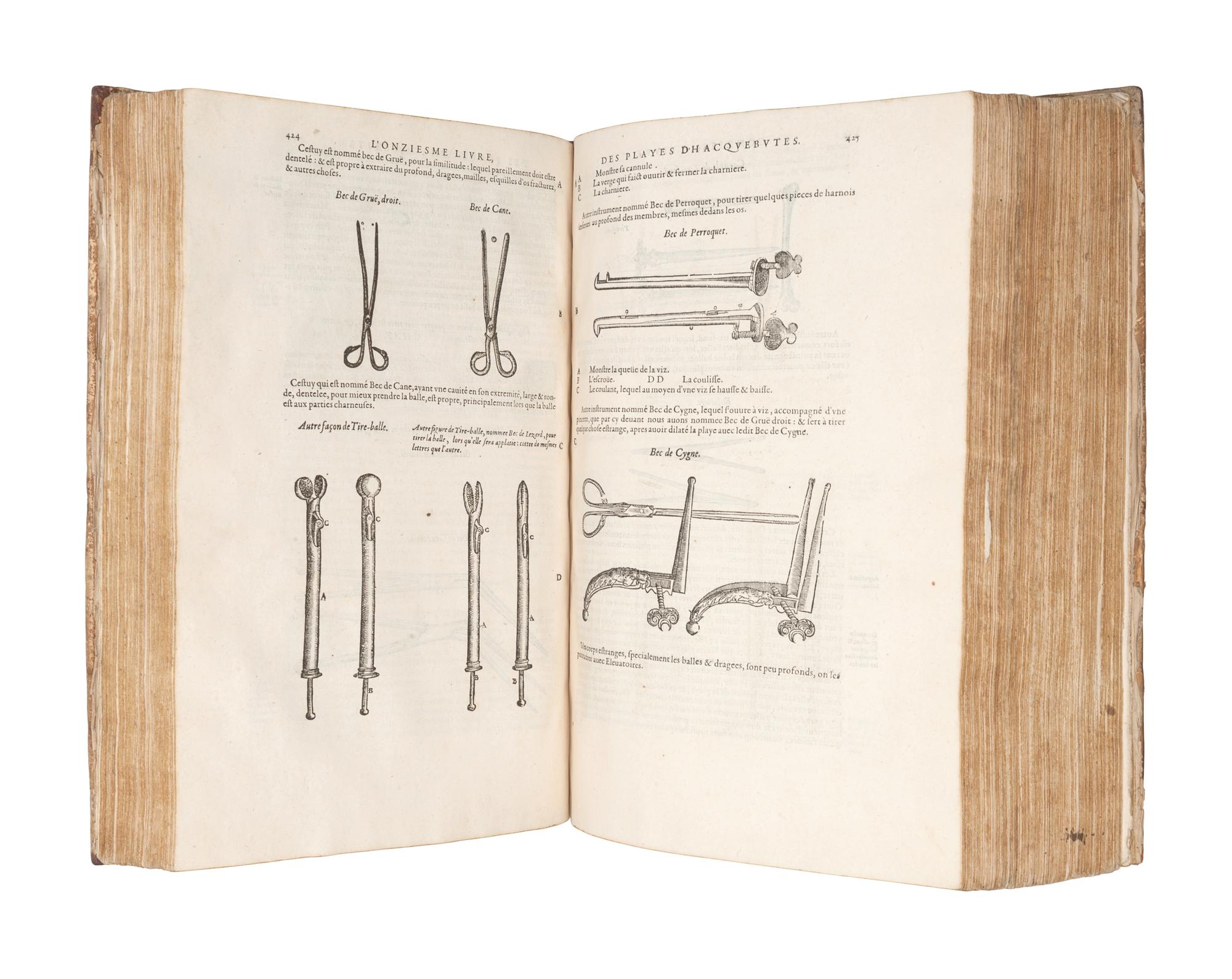 [MEDICINE]. PARÉ, Ambroise (1510-1590). Les oeuvres ... Divis é es en vingt neuf livres: Avec les figures & portraicts, tant de l'anatomie que des instruments de chirurgie, & de plusieurs monstres... Paris: Veufue Gabriel Buon, 1598.