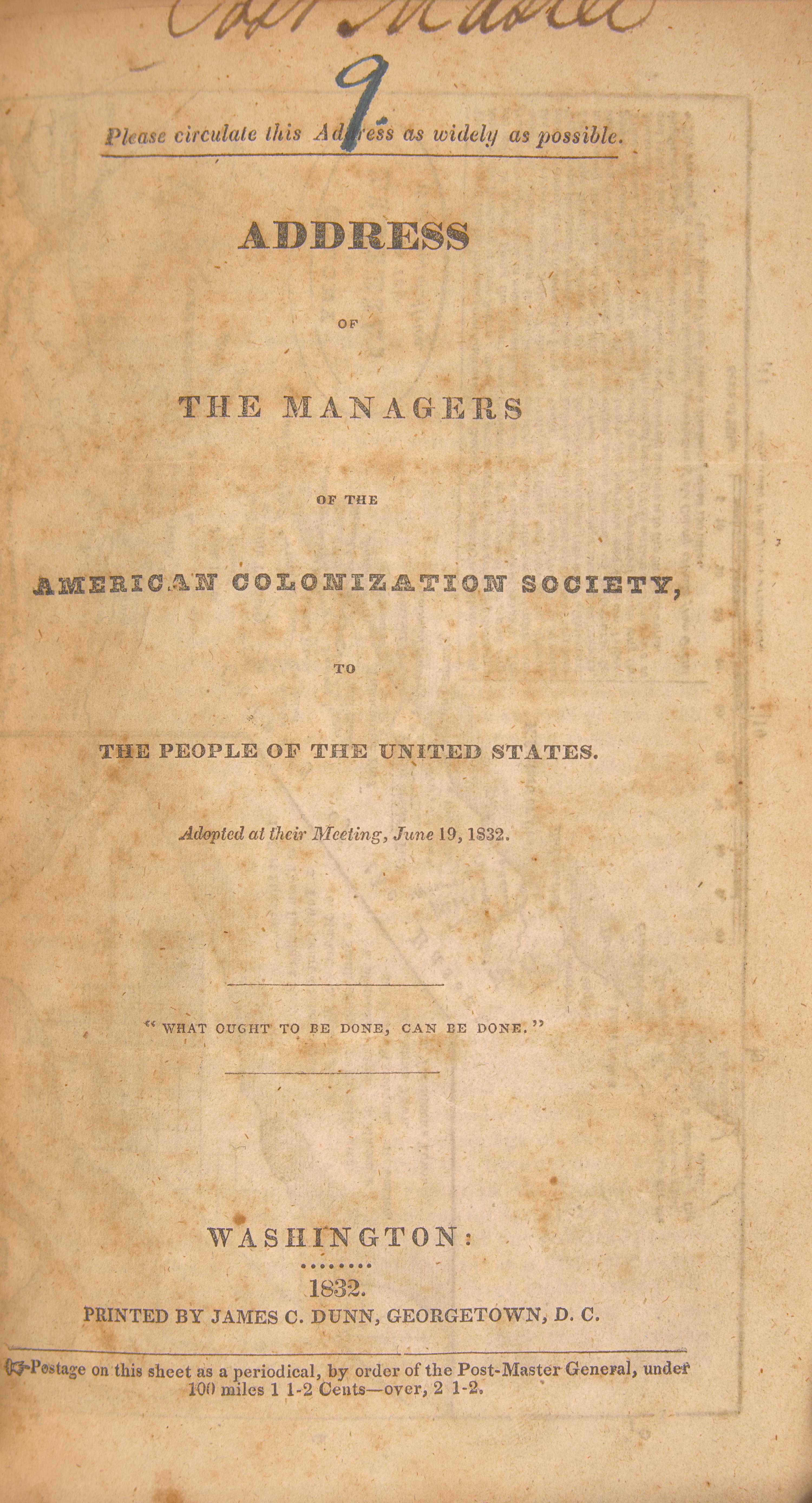 [African-Americana] An Official Public Appeal Aimed to Defend the American Colonization Society Against Abolitionist Critics and Promote the Mission of Relocating Free Black Americans to Liberia